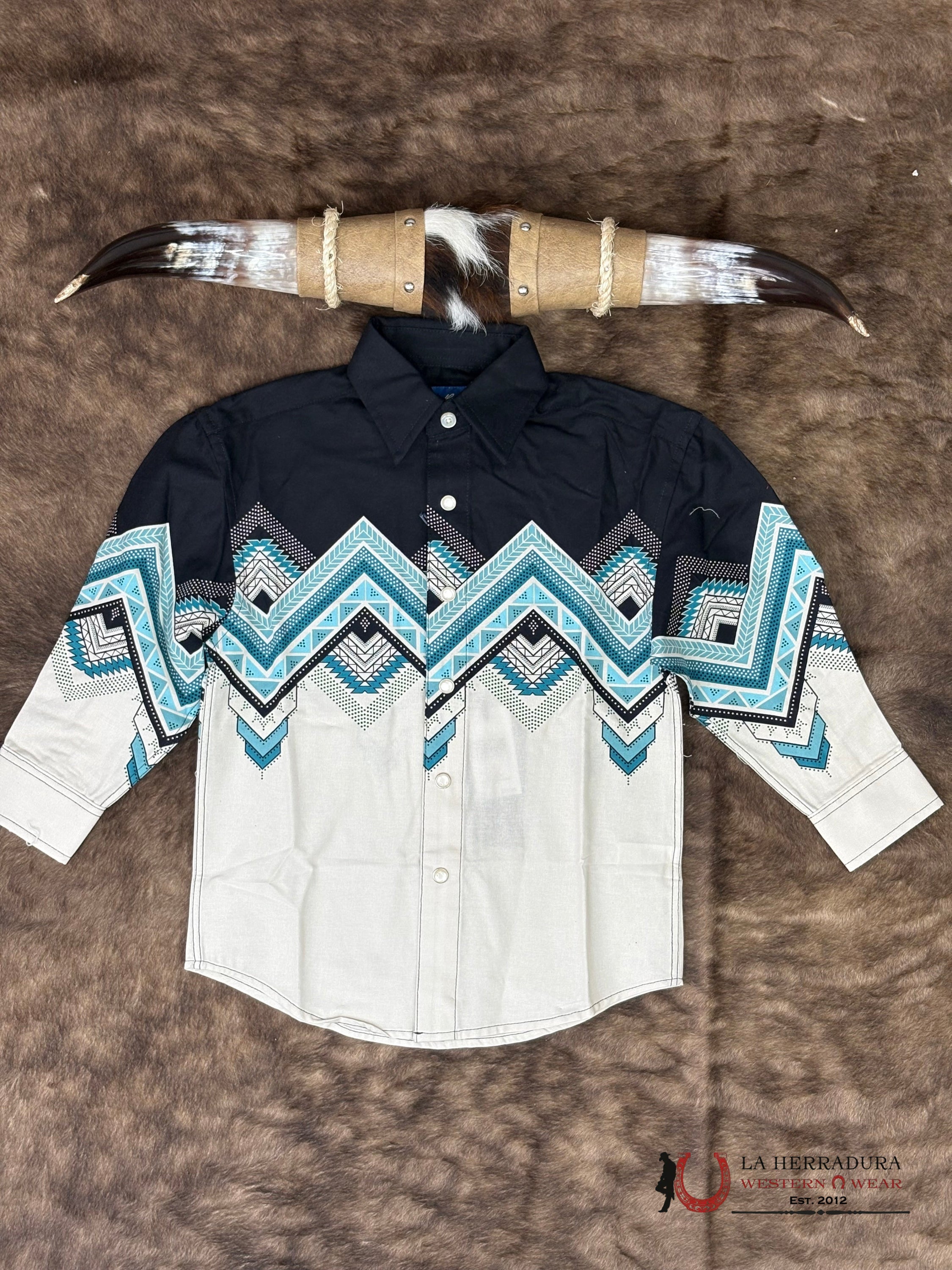 Panhandle Natural Southwestern Border With Aztec Print Long Sleeve Boys Shirt - 6641 NIÑOS
