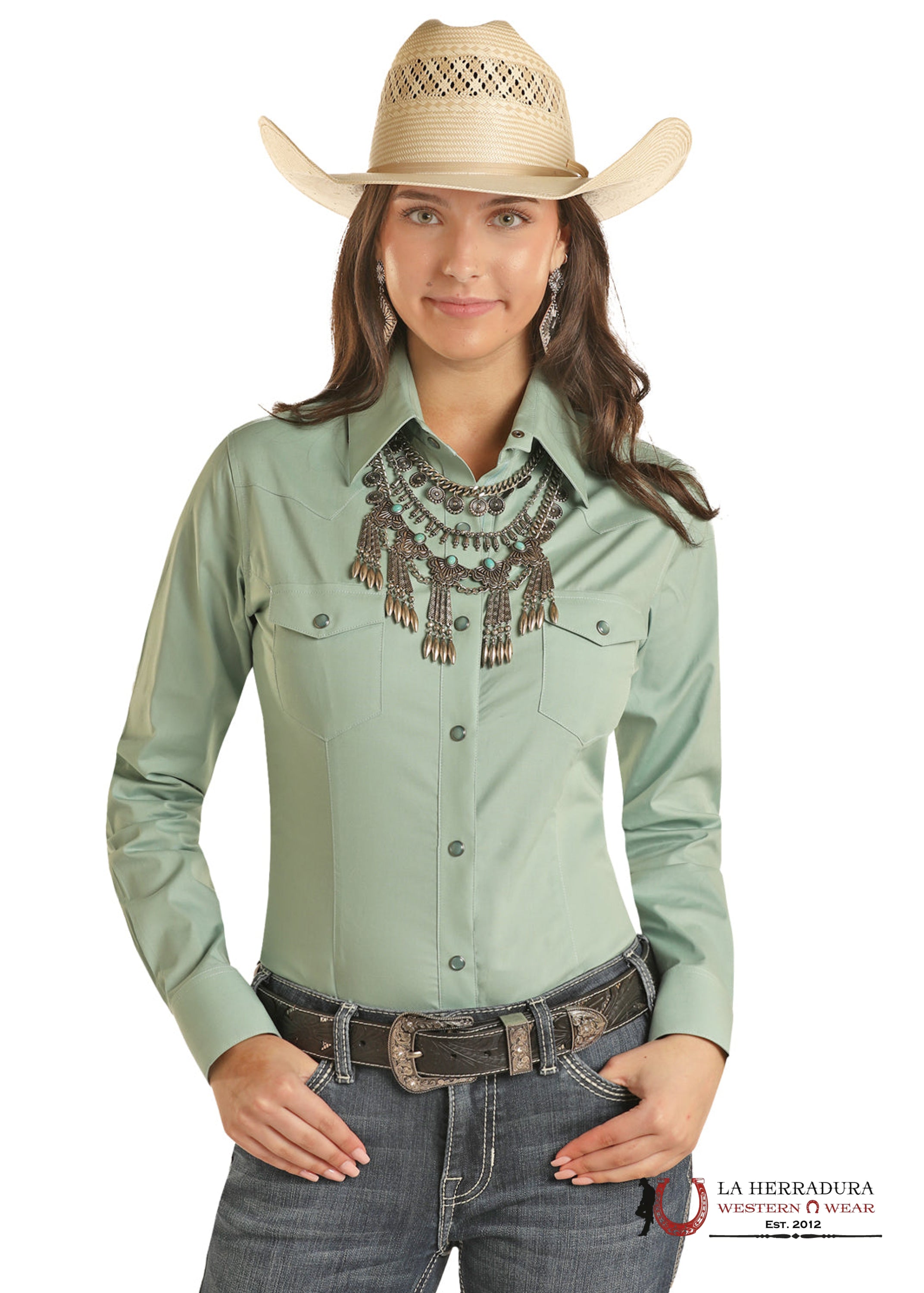 Panhandle Solid Aqua Poplin Snap Shirt PWN2S03154 ROPA MUJERES