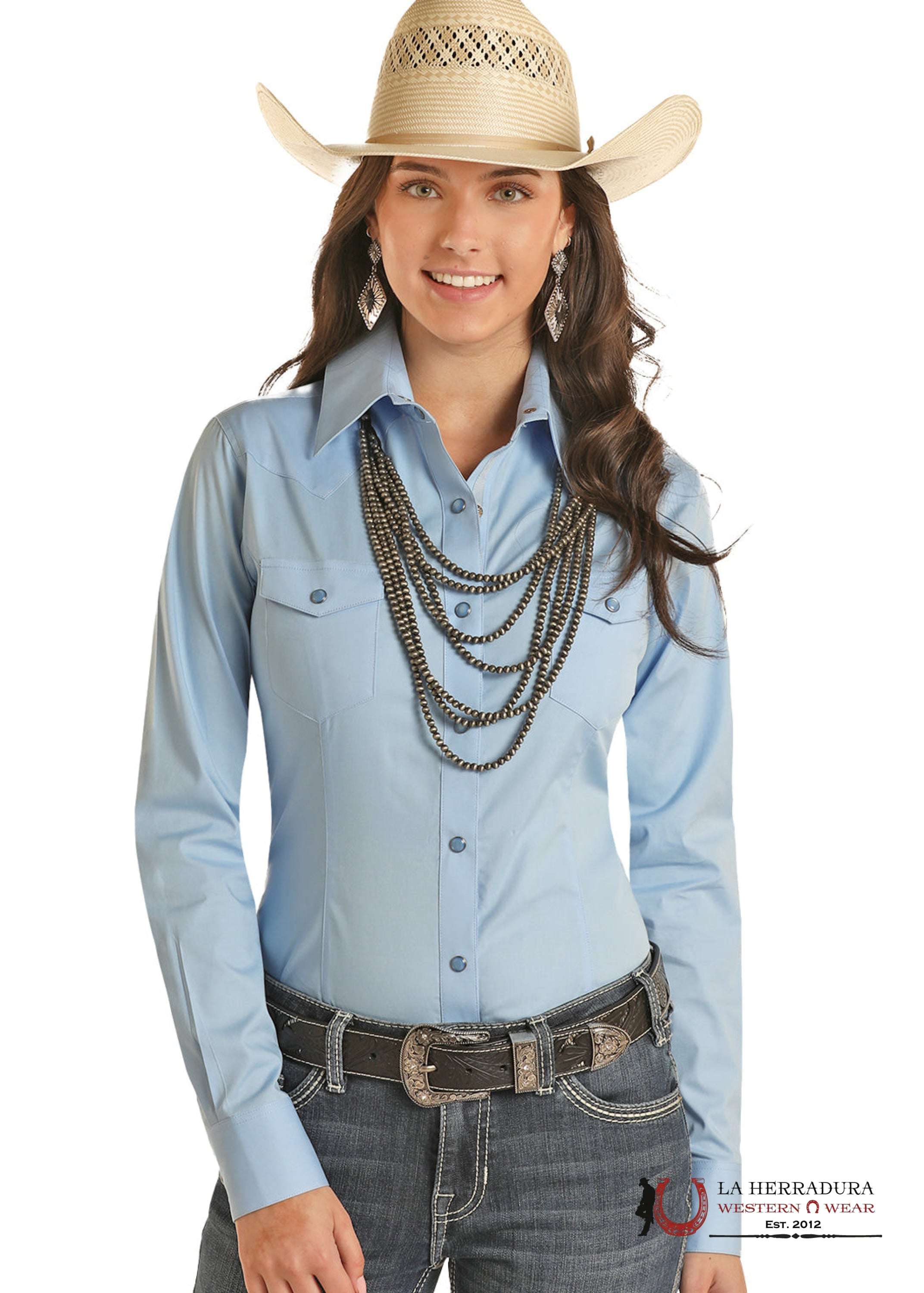 Panhandle Solid Baby Blue Poplin Snap Shirt PWN2S03154 ROPA MUJERES