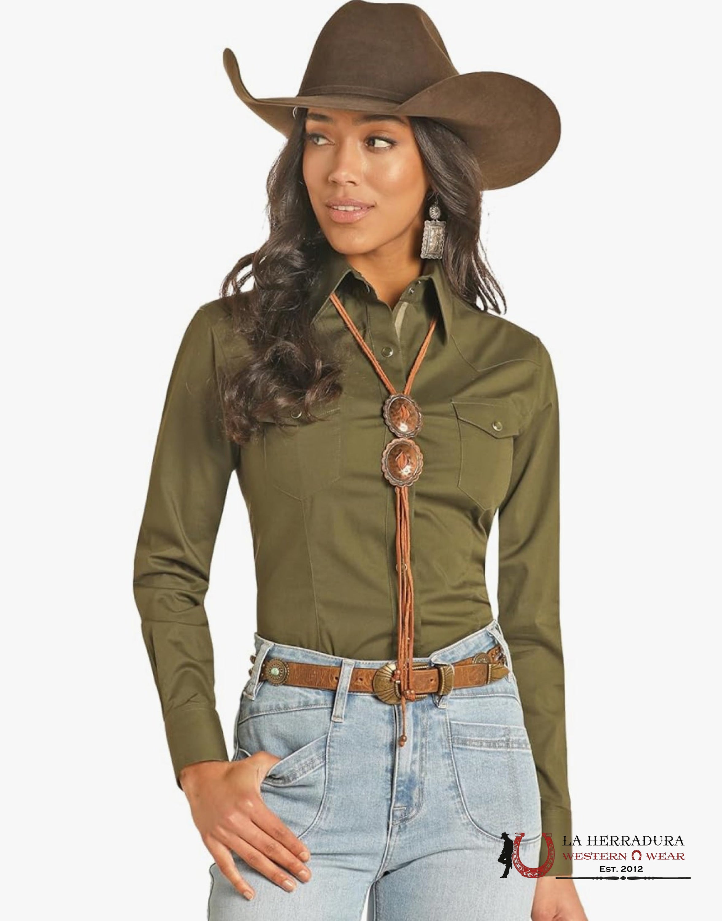 Panhandle Solid Olive Green Poplin Snap Shirt Ropa Mujeres