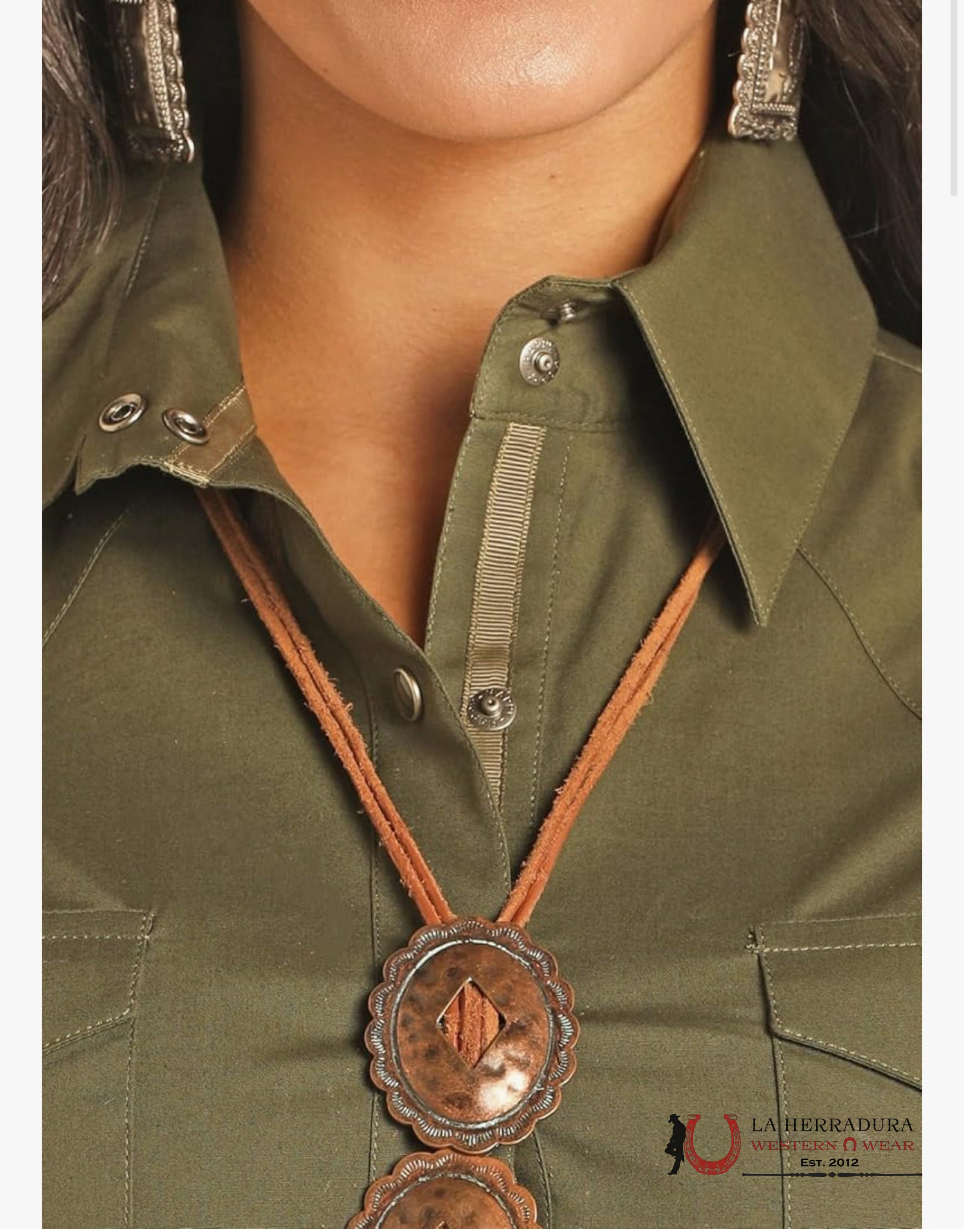 Panhandle Solid Olive Green Poplin Snap Shirt Ropa Mujeres