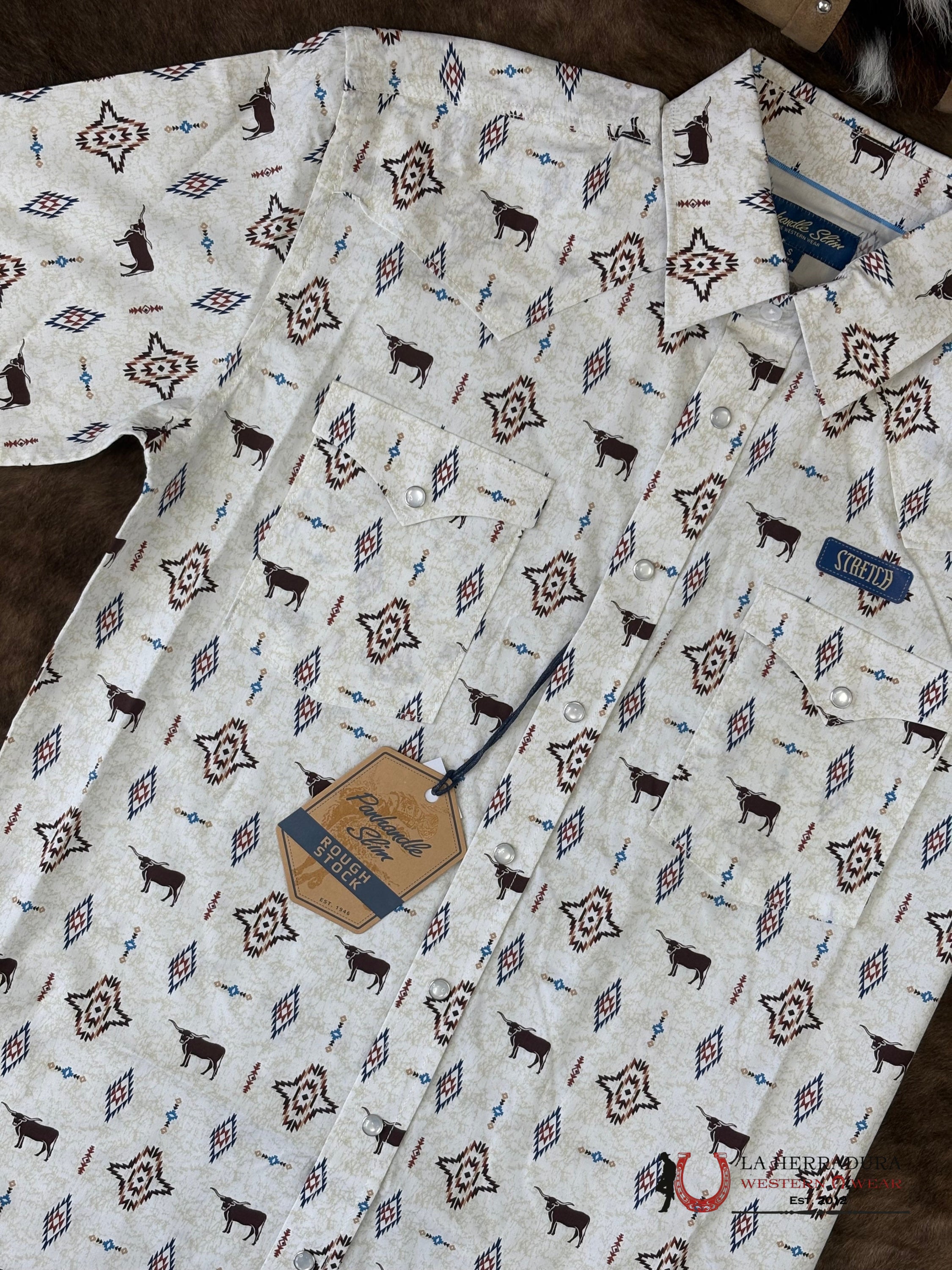 Panhandle Tan Short Sleeve With Aztec Print Shirt - 6528 ROPA HOMBRES