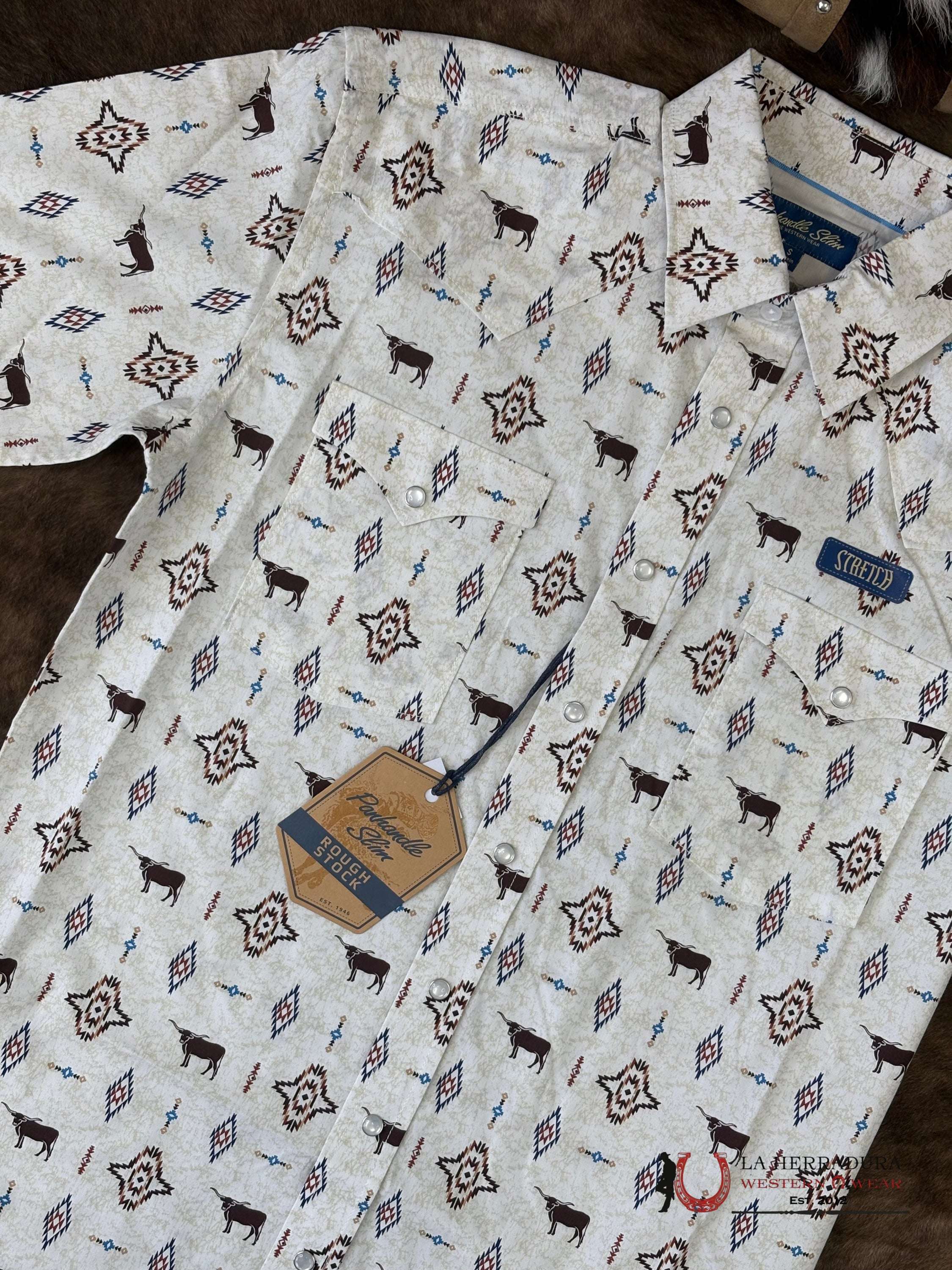 Panhandle Tan Short Sleeve With Aztec Print Shirt - 6528 ROPA HOMBRES