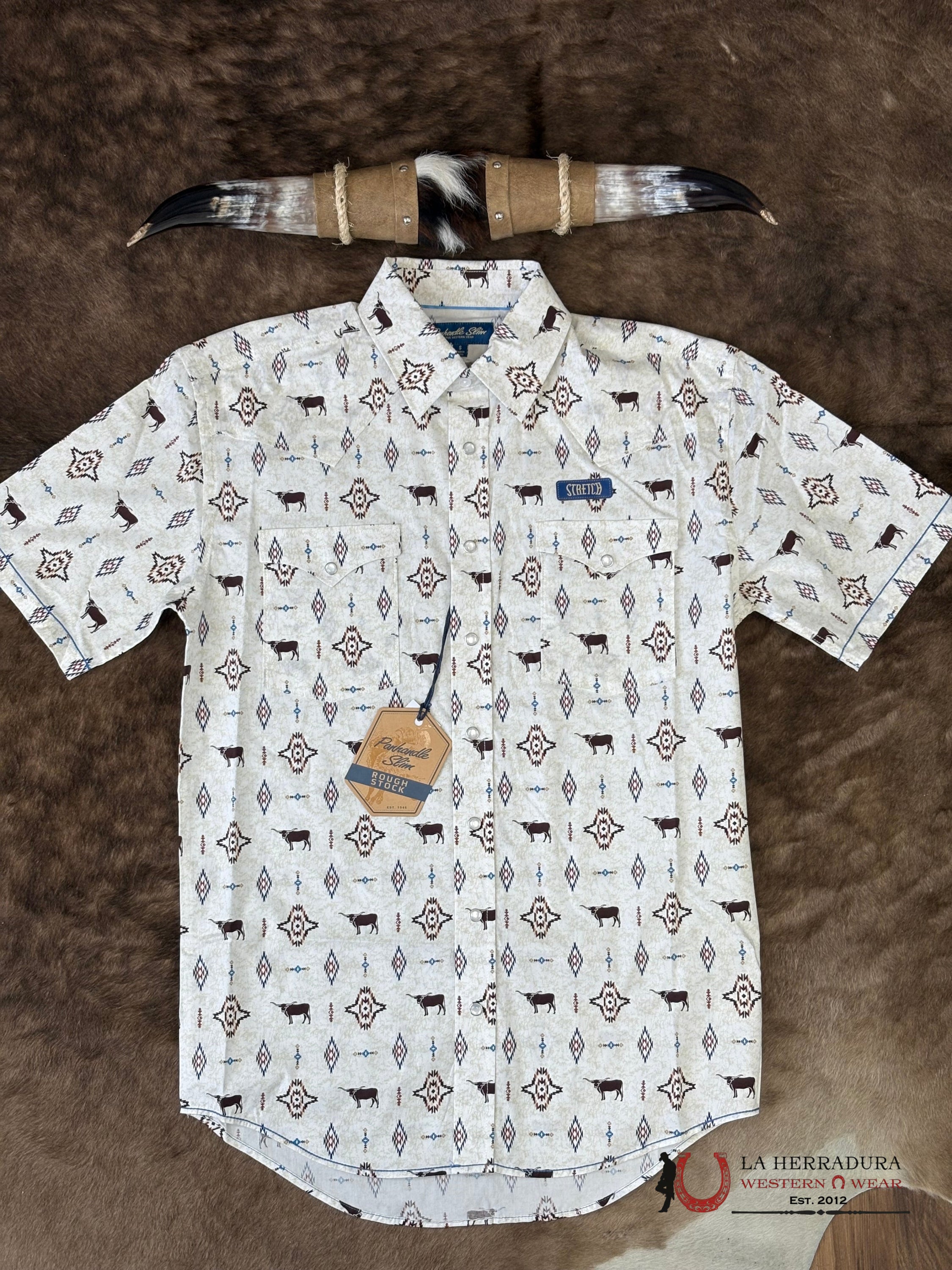 Panhandle Tan Short Sleeve With Aztec Print Shirt - 6528 ROPA HOMBRES