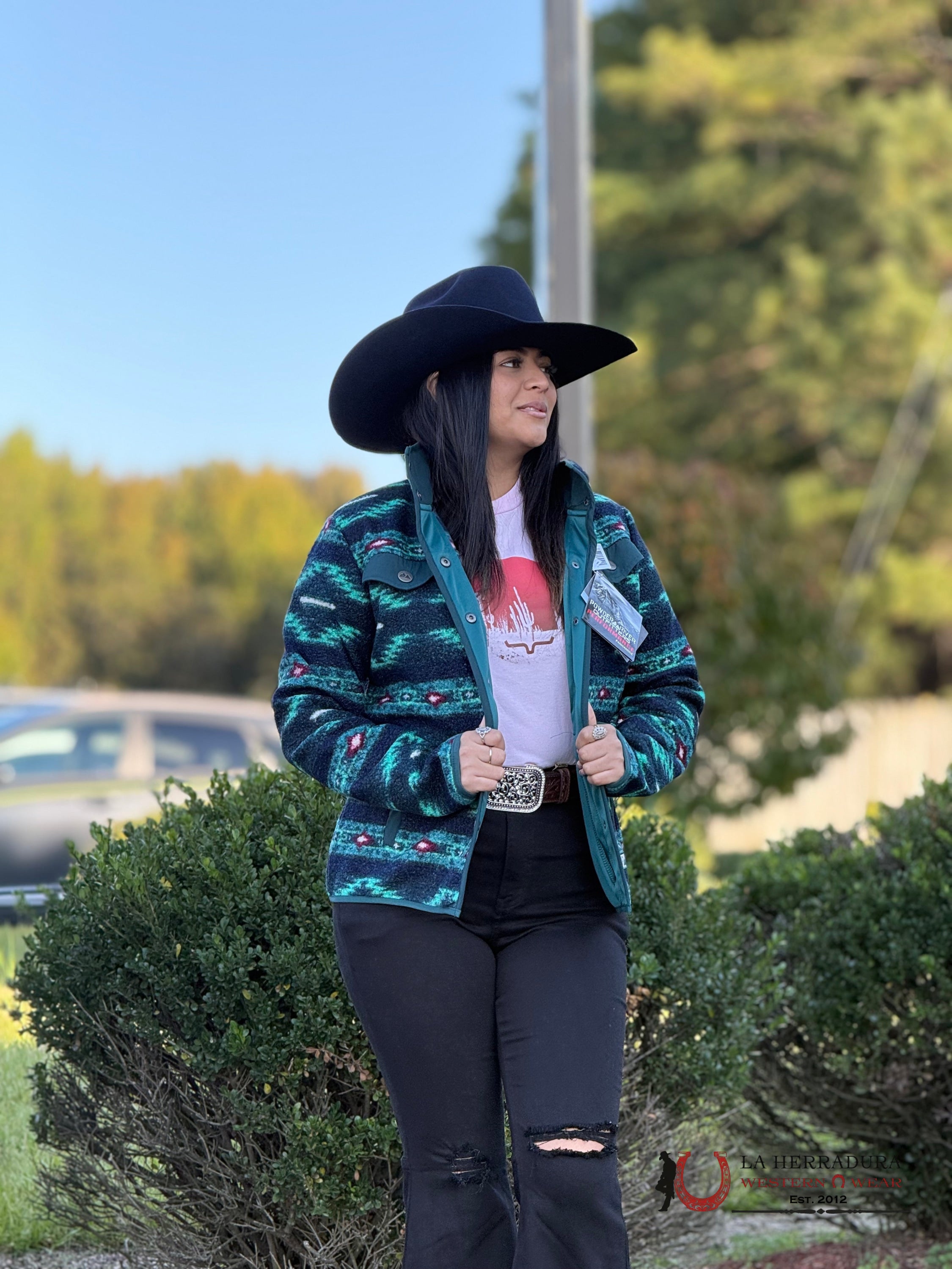 Panhandle Teal Printed Berber Jacket Ropa Mujeres