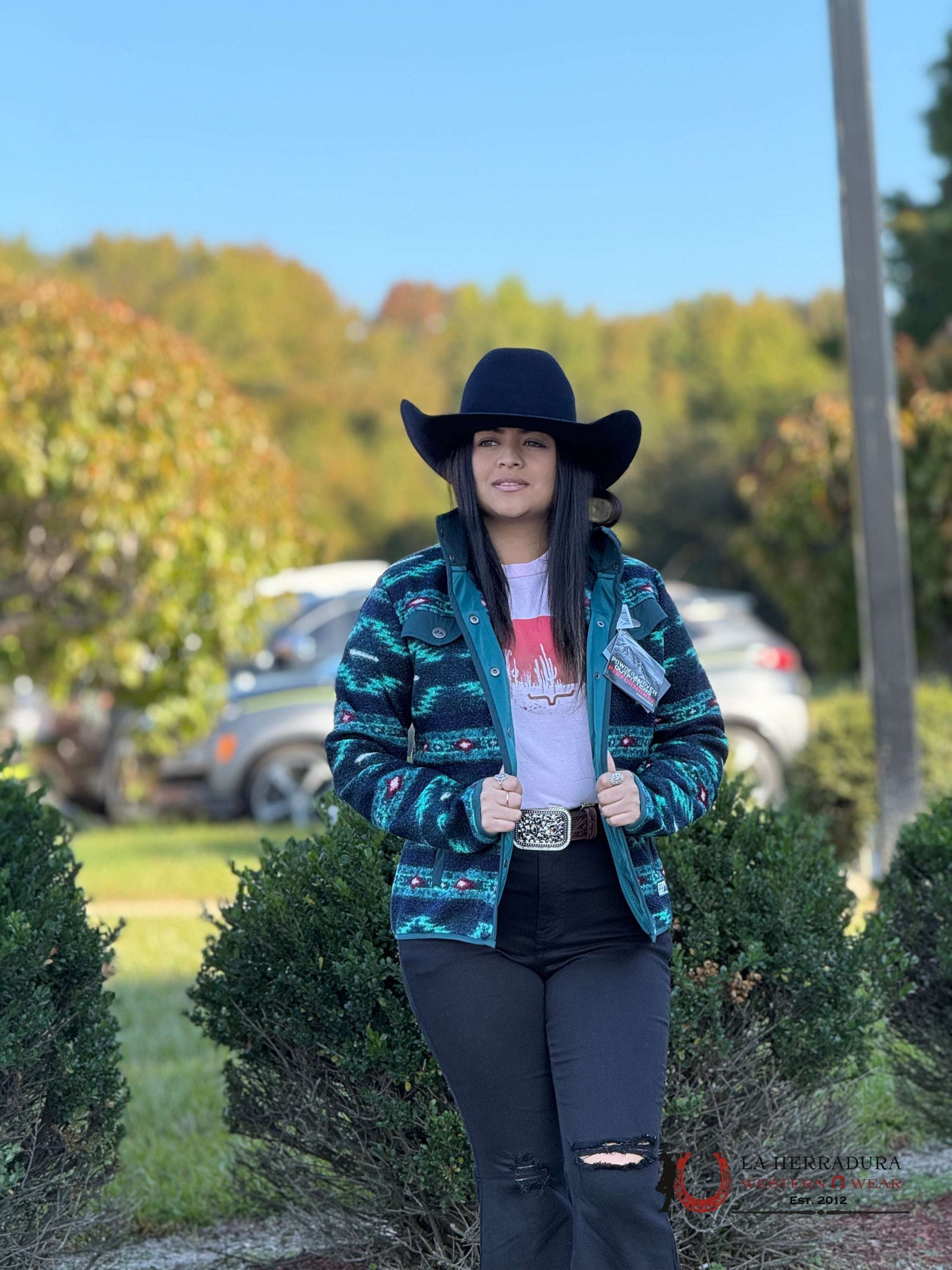 Panhandle Teal Printed Berber Jacket Ropa Mujeres