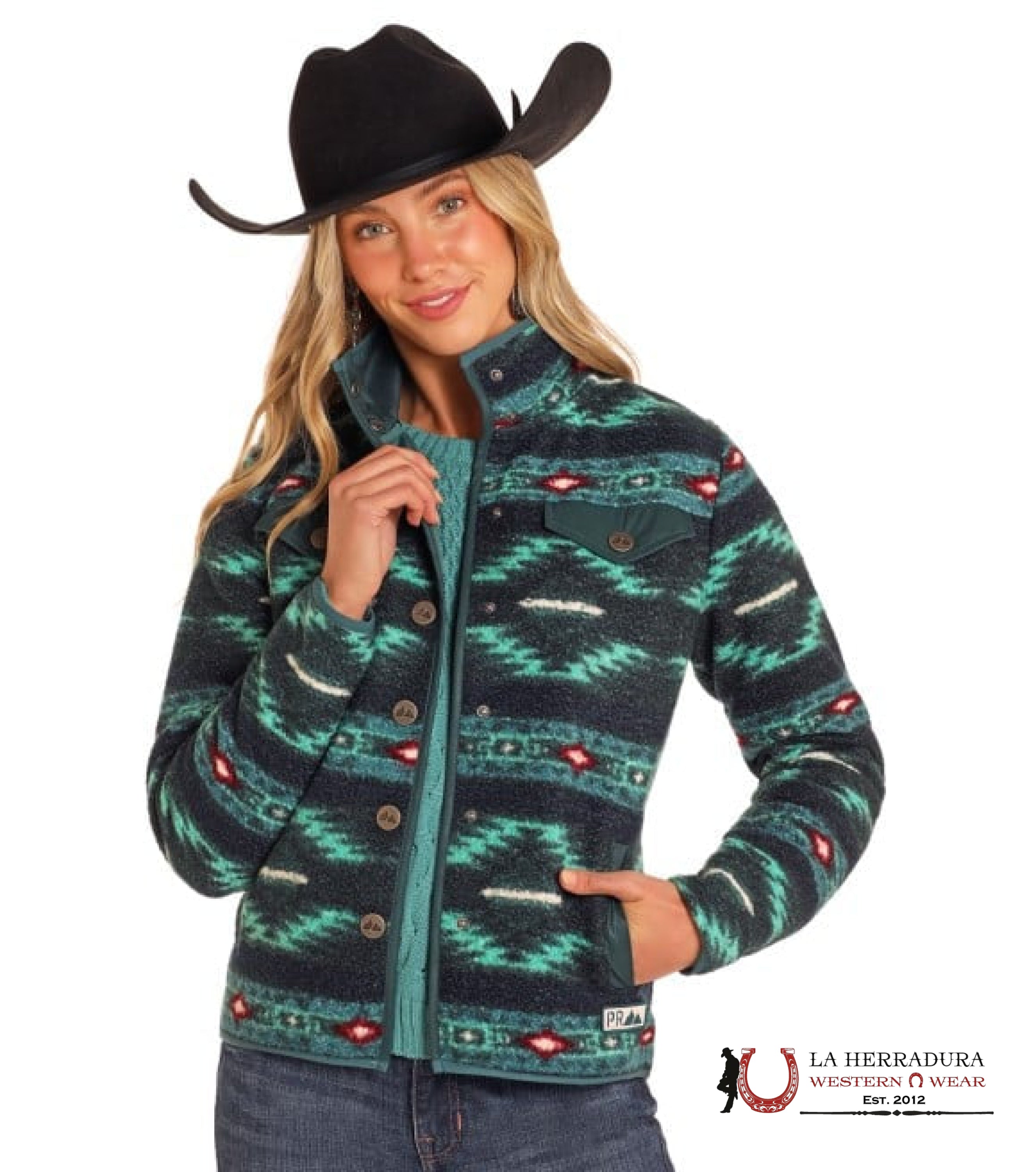 Panhandle Teal Printed Berber Jacket Ropa Mujeres
