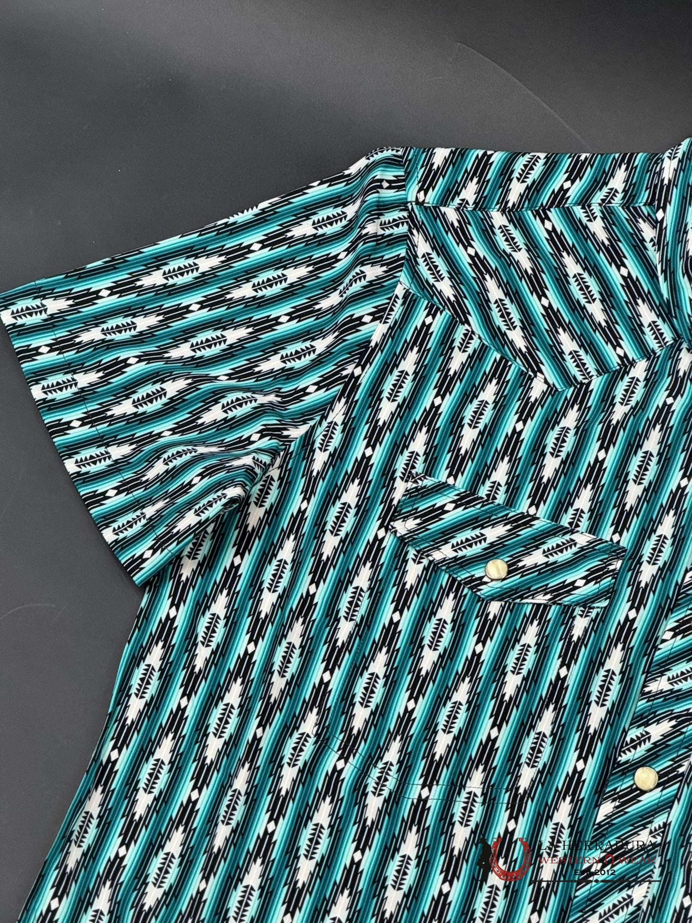 Panhandle Turq Aztec Woven Short Sleeve Snap Shirt4306 Ropa Hombres