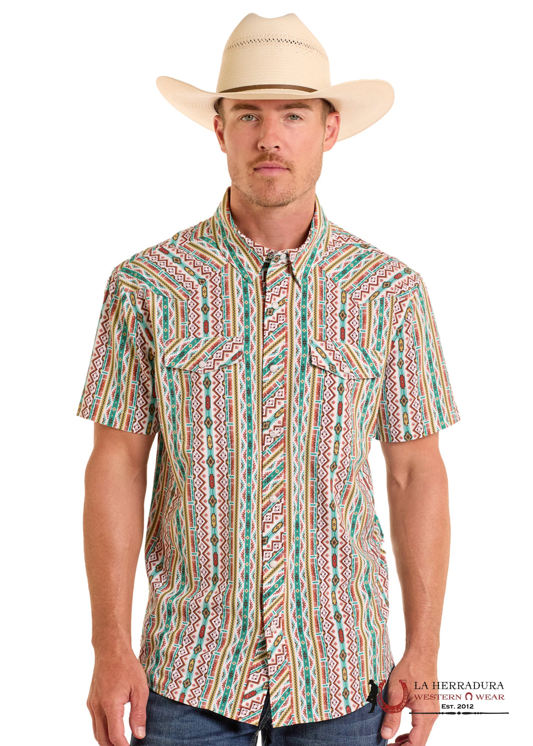 Panhandle Turquoise Short Sleeve With Multi Color Aztec Print Shirt - 6647 ROPA HOMBRES