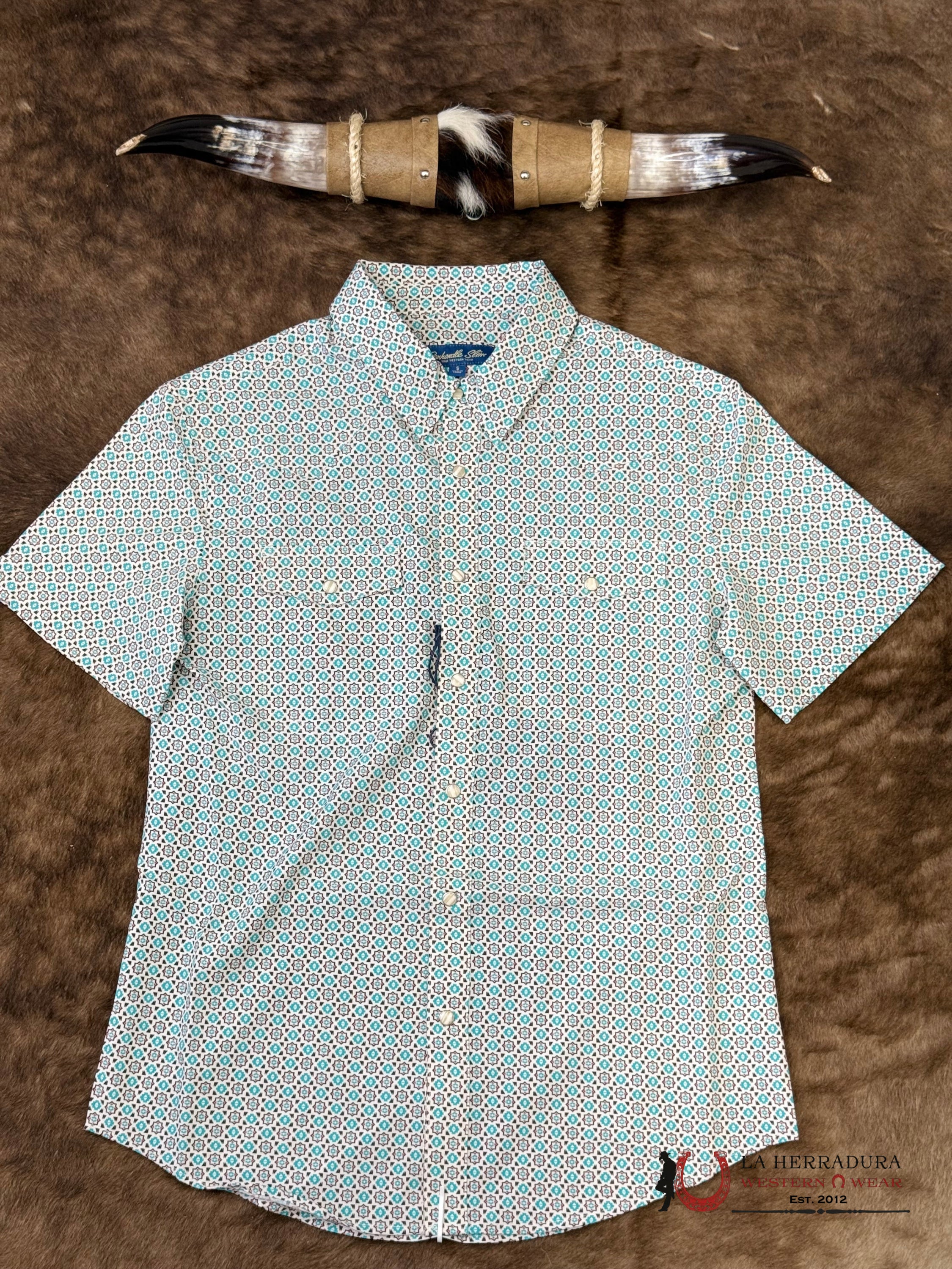 Panhandle Turquoise Short Sleeve With Western Print Shirt - 6649 ROPA HOMBRES