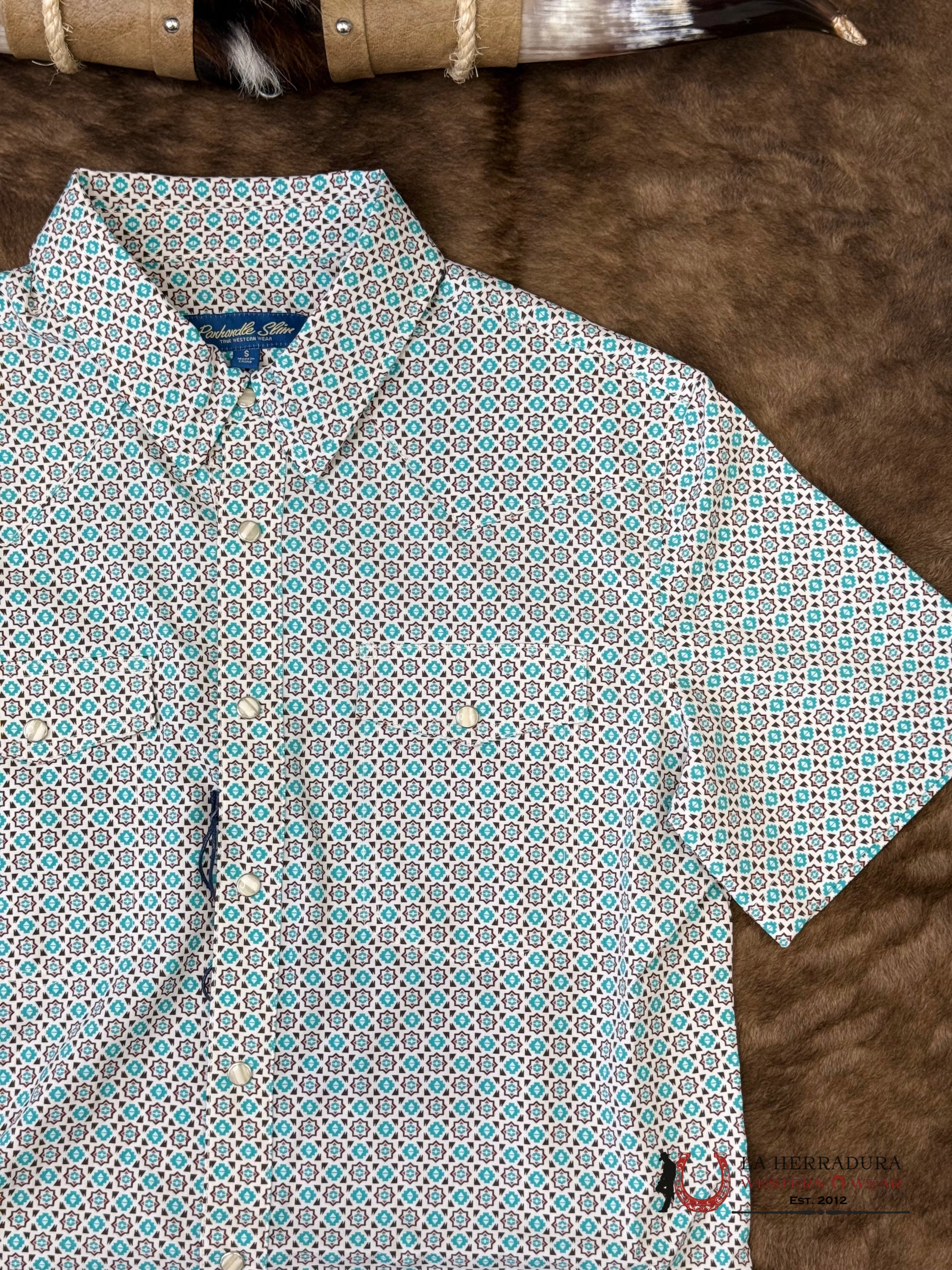 Panhandle Turquoise Short Sleeve With Western Print Shirt - 6649 ROPA HOMBRES