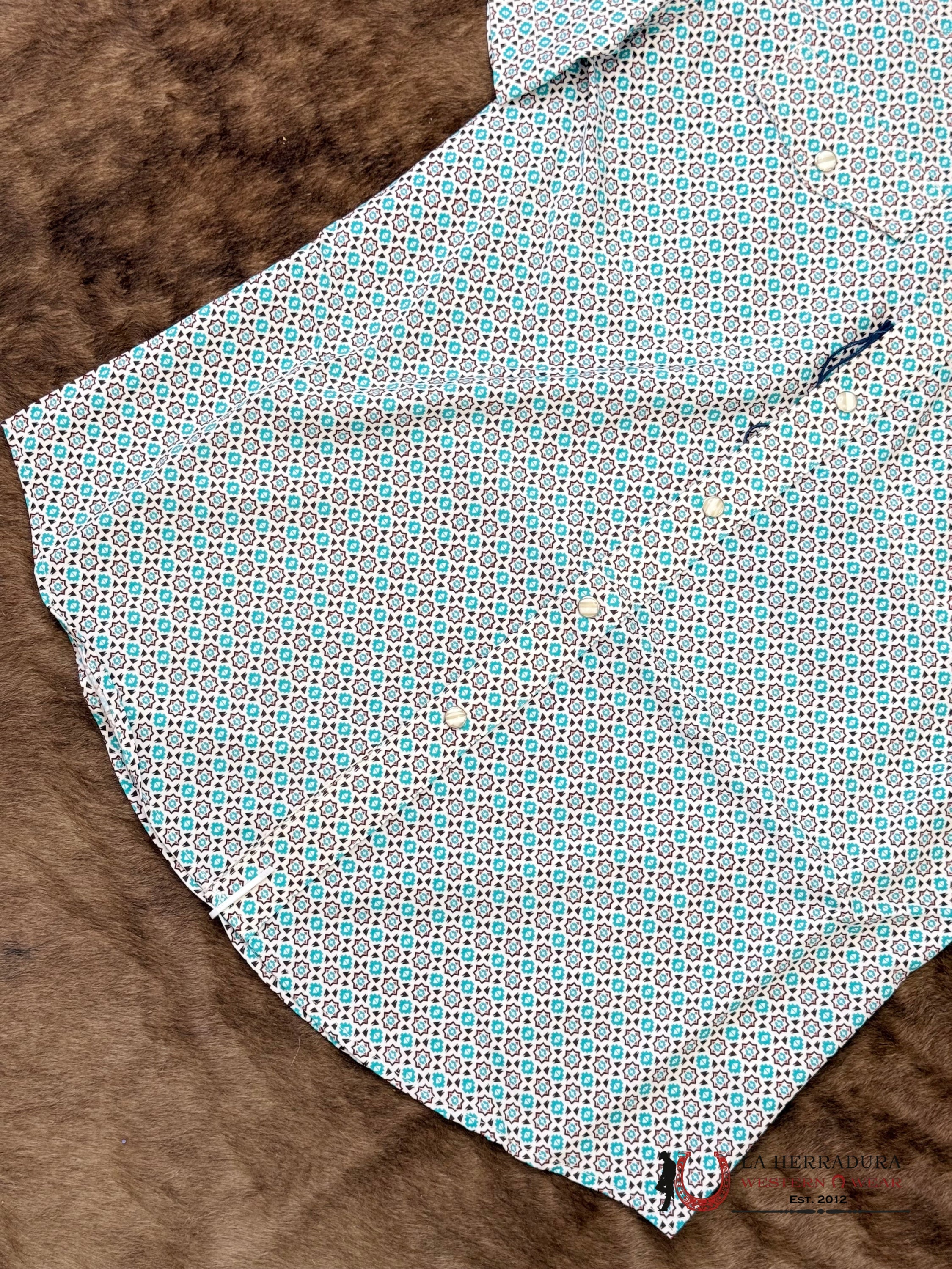 Panhandle Turquoise Short Sleeve With Western Print Shirt - 6649 ROPA HOMBRES
