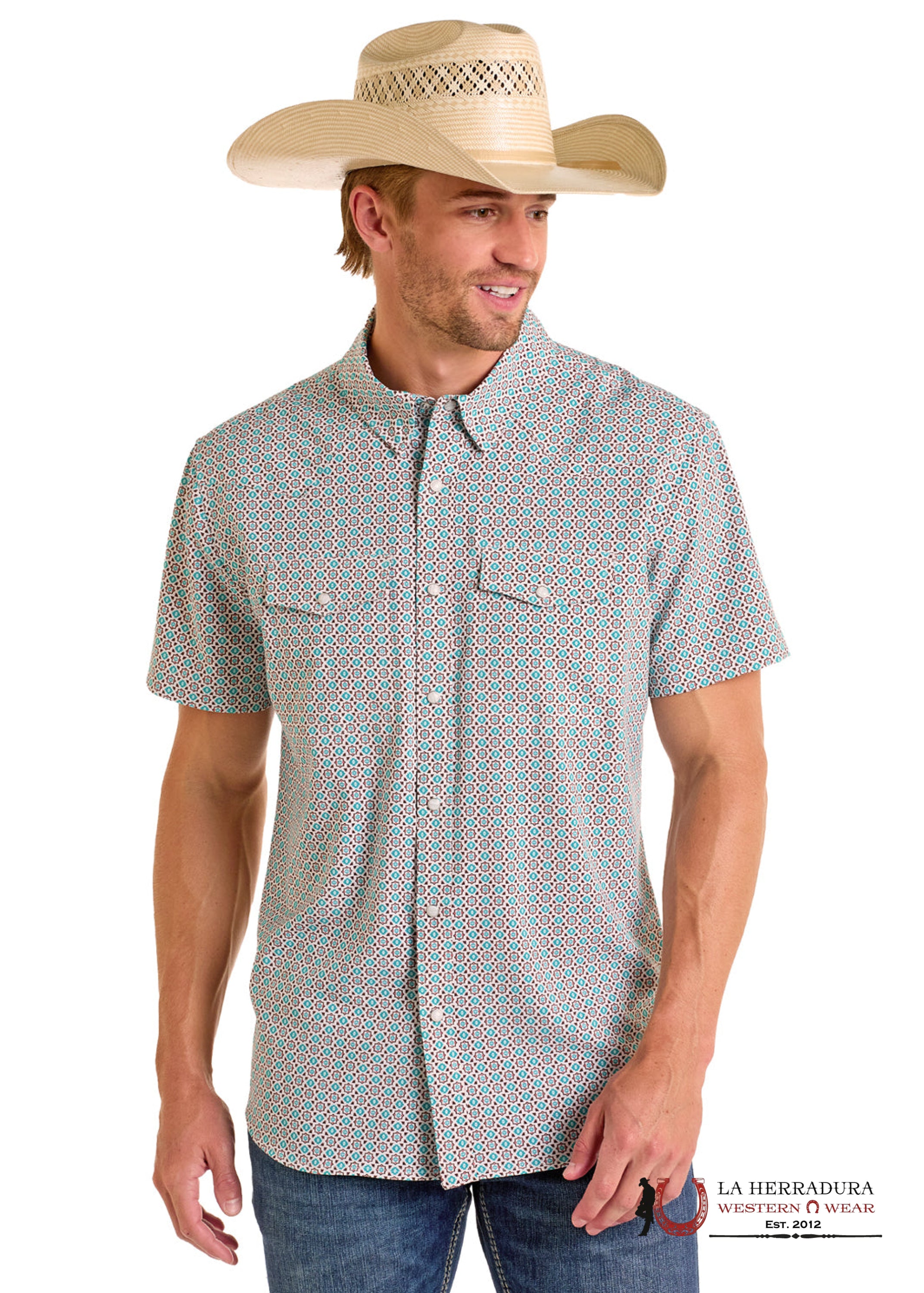 Panhandle Turquoise Short Sleeve With Western Print Shirt - 6649 ROPA HOMBRES