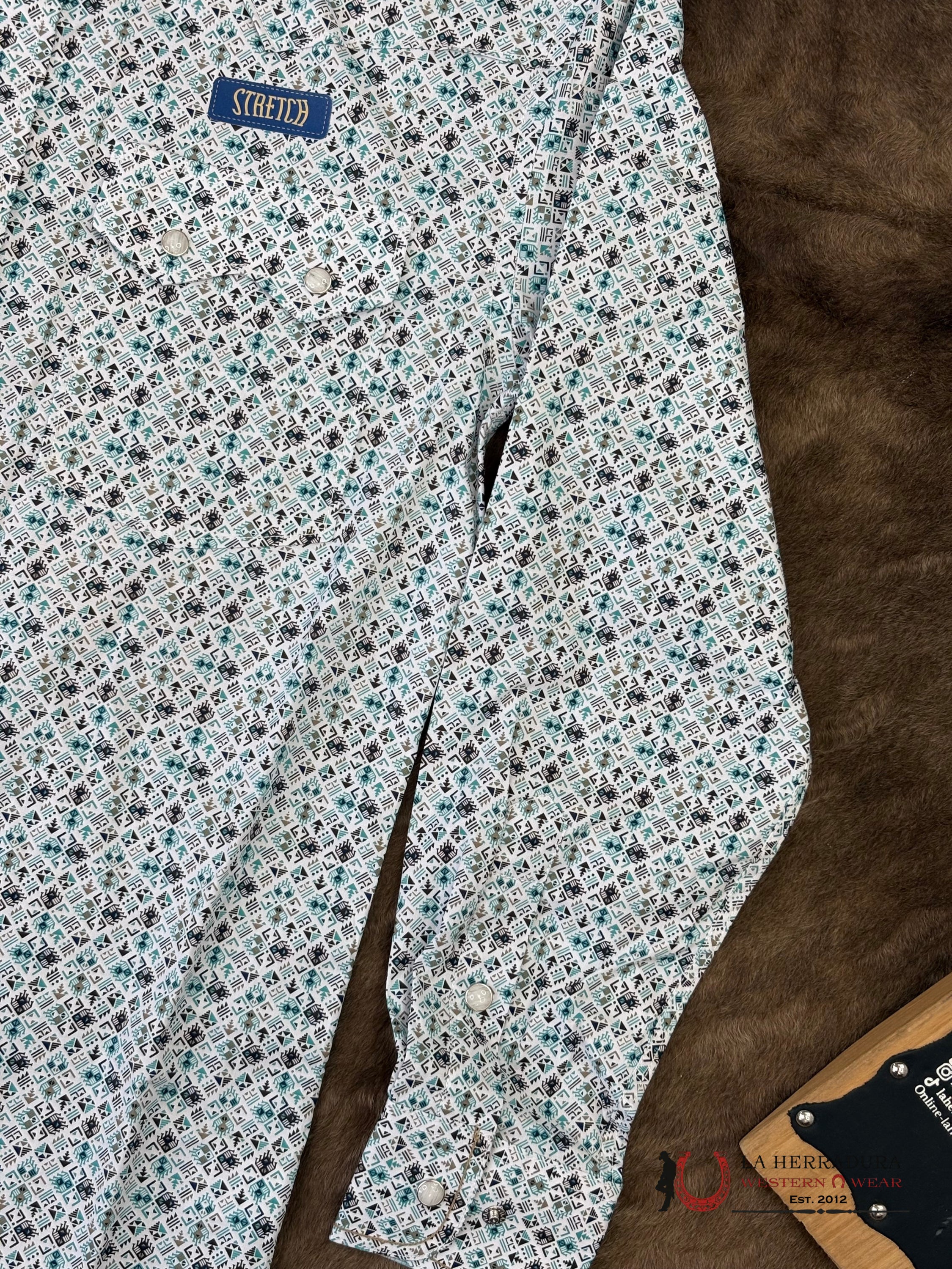 Panhandle Turquoise With Multi Color Aztec Print Long Sleeve Shirt - 6539 ROPA HOMBRES