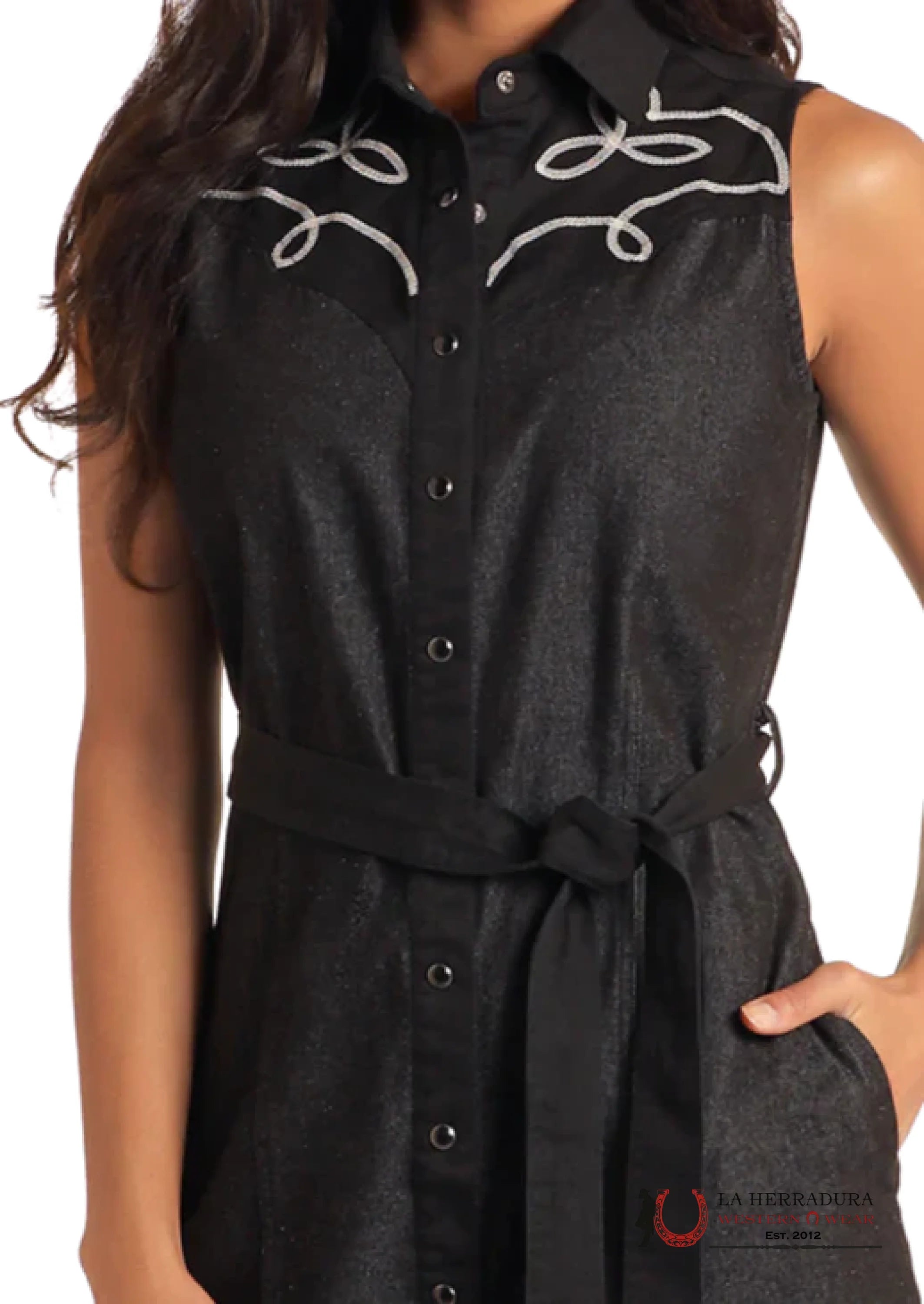 Panhandle TWO-TONED EMBROIDERED SHIRT DRESS BLACK - 5816 ROPA MUJERES