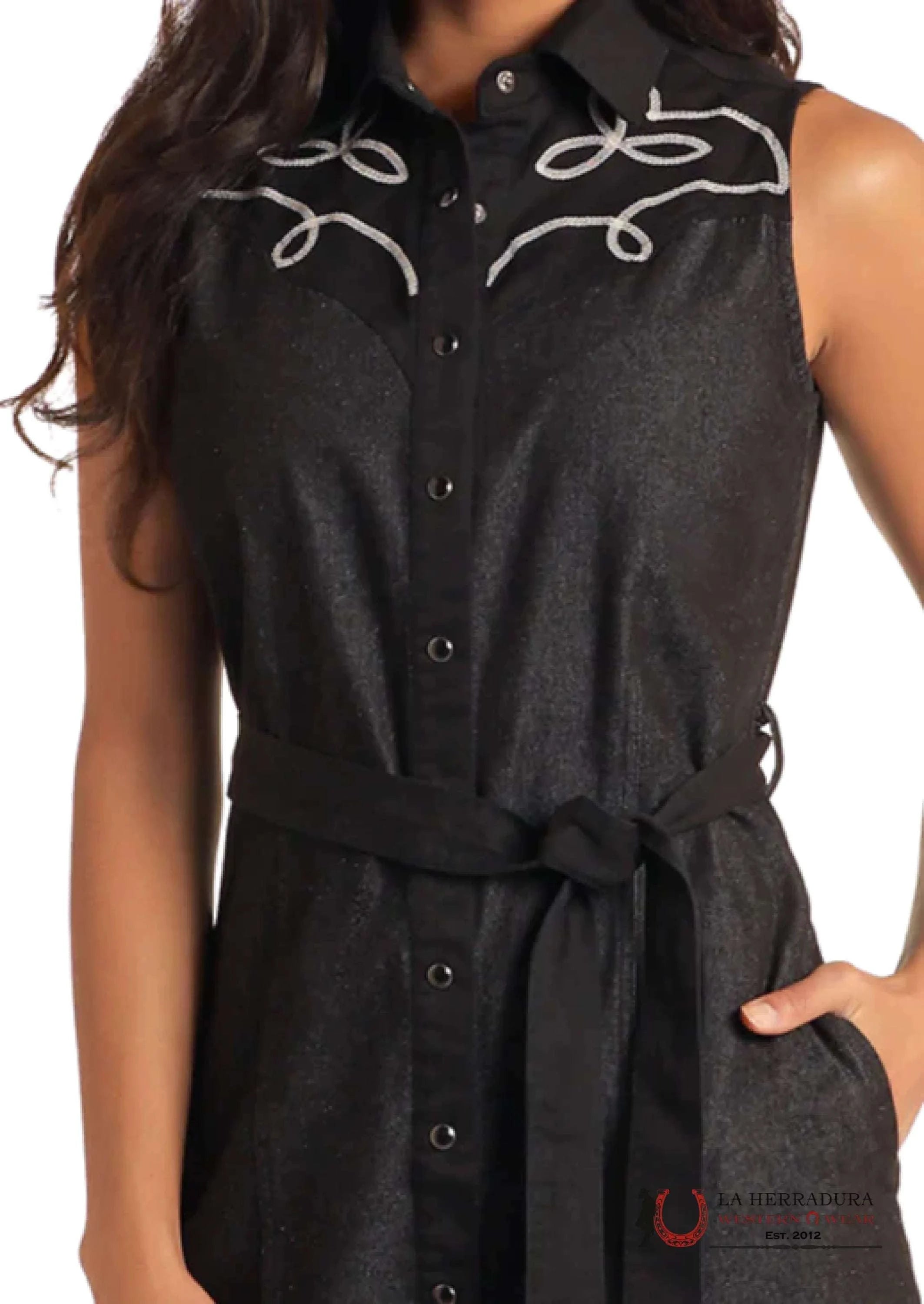 Panhandle TWO-TONED EMBROIDERED SHIRT DRESS BLACK - 5816 ROPA MUJERES