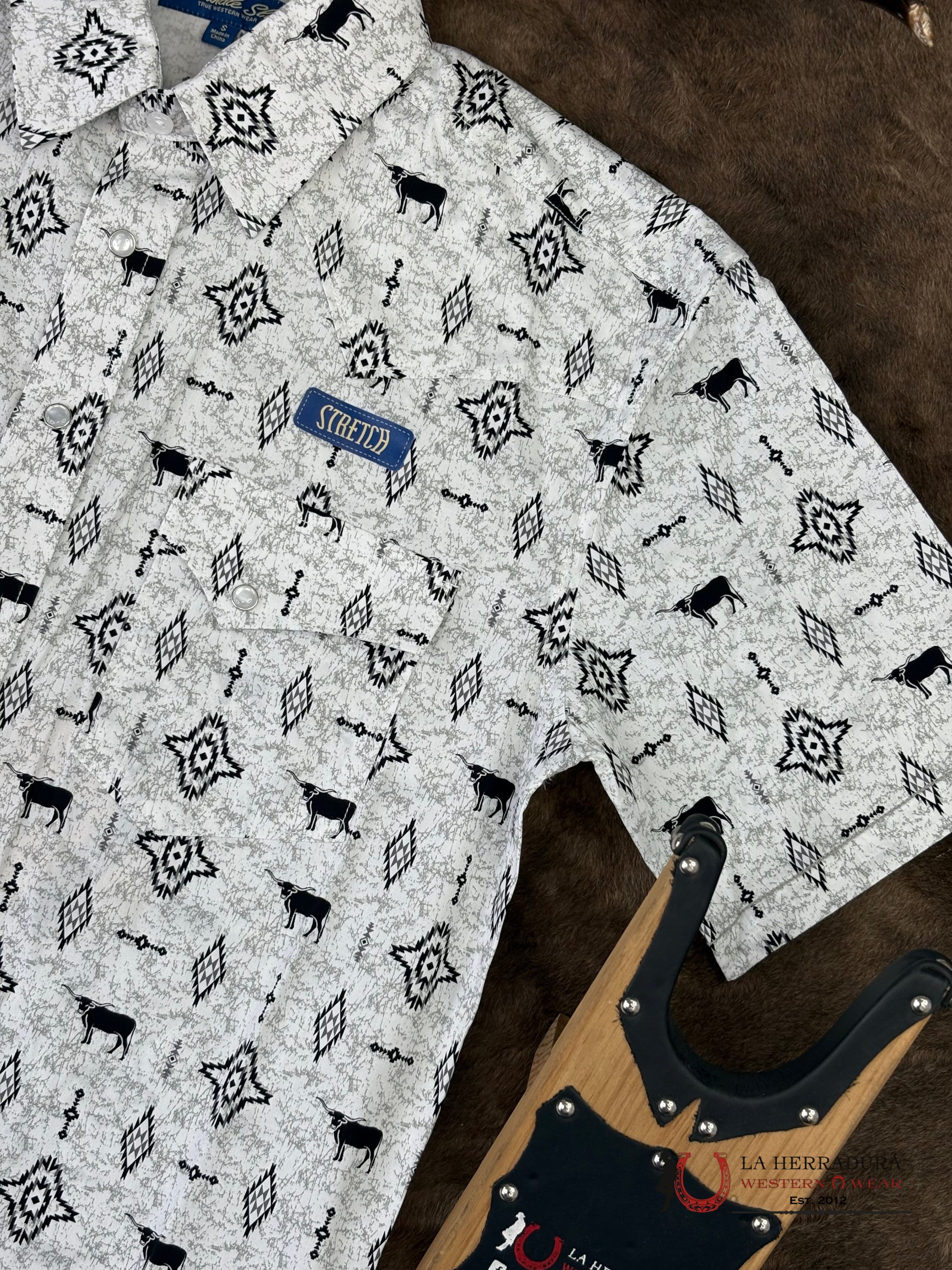 Panhandle White With Black Aztec Print Short Sleeve Shirt - 6553 ROPA HOMBRES