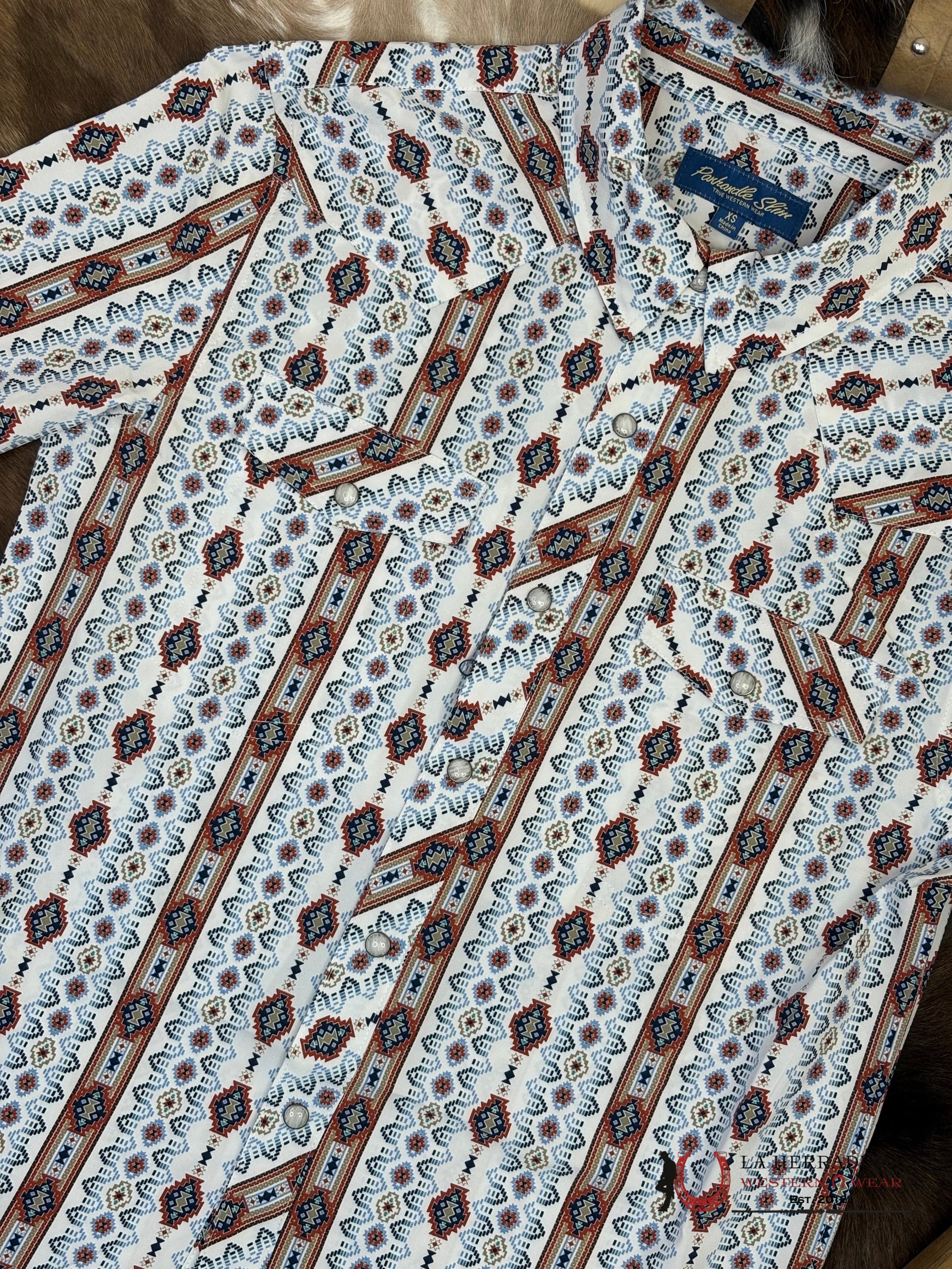 PANHANDLE WHITE WITH BLUE/MULTI PRINT AZTEC SHORT SLEEVE SHIRT MEN - 5715 ROPA HOMBRES