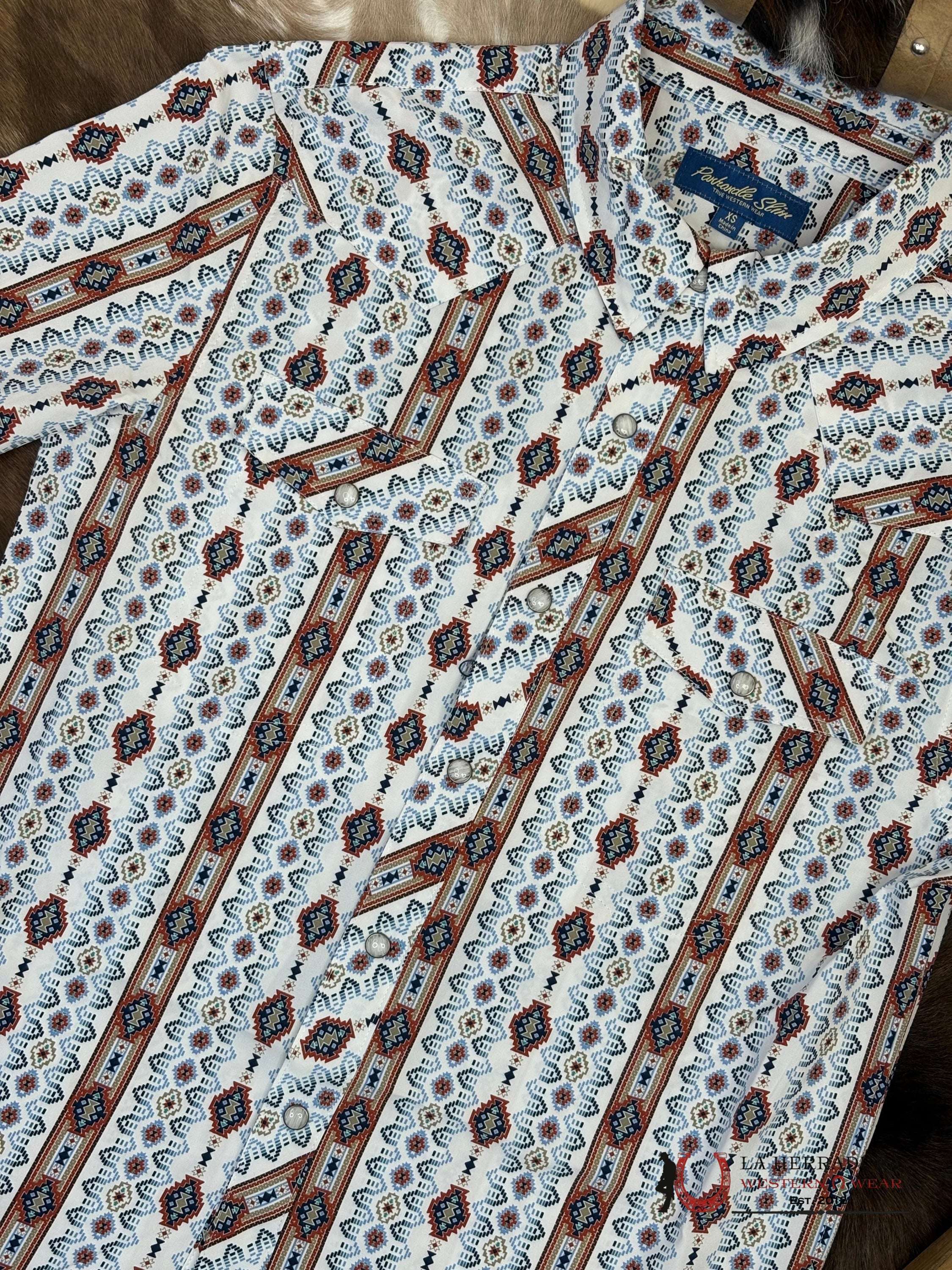 PANHANDLE WHITE WITH BLUE/MULTI PRINT AZTEC SHORT SLEEVE SHIRT MEN - 5715 ROPA HOMBRES