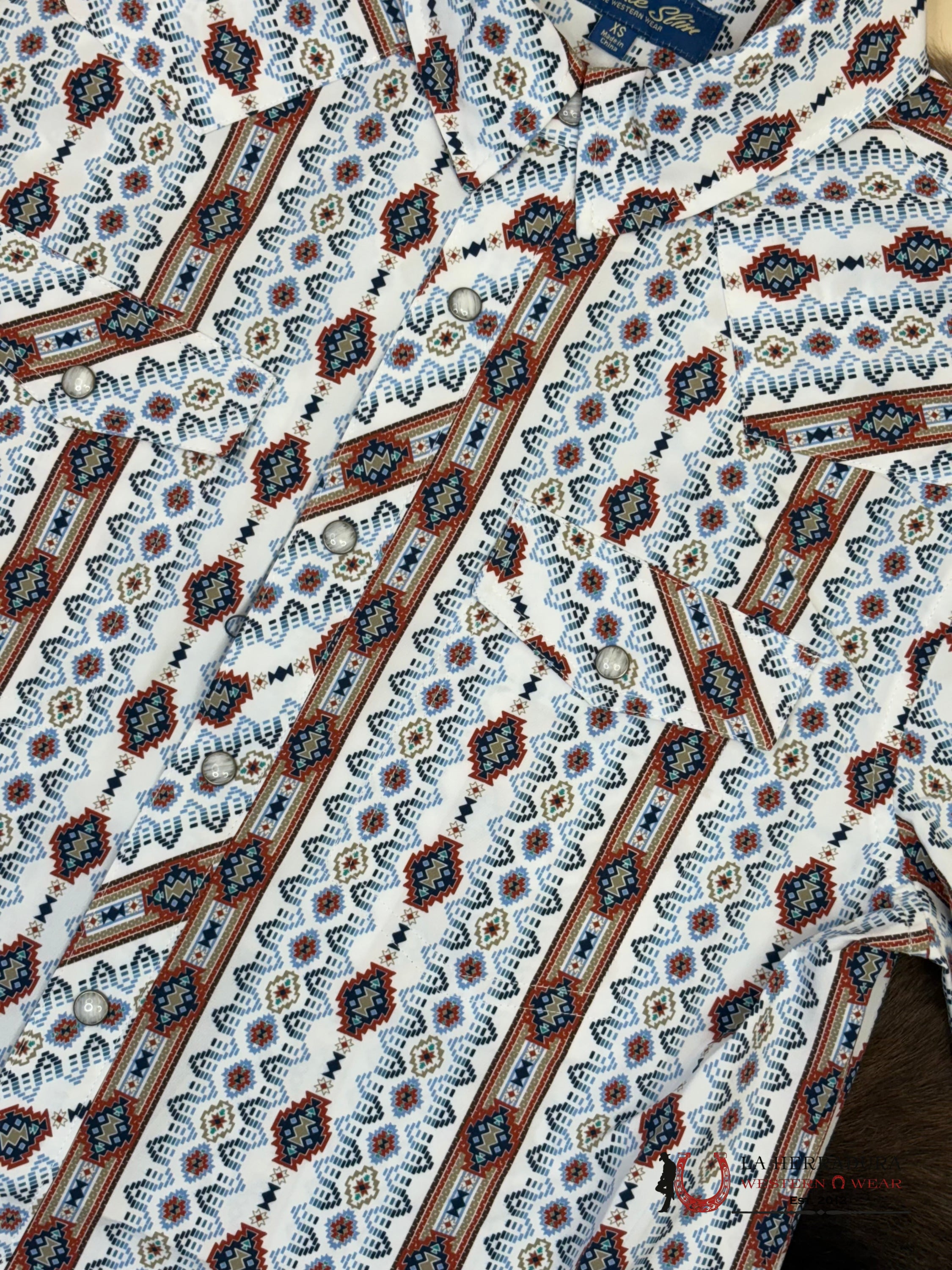 PANHANDLE WHITE WITH BLUE/MULTI PRINT AZTEC SHORT SLEEVE SHIRT MEN - 5715 ROPA HOMBRES