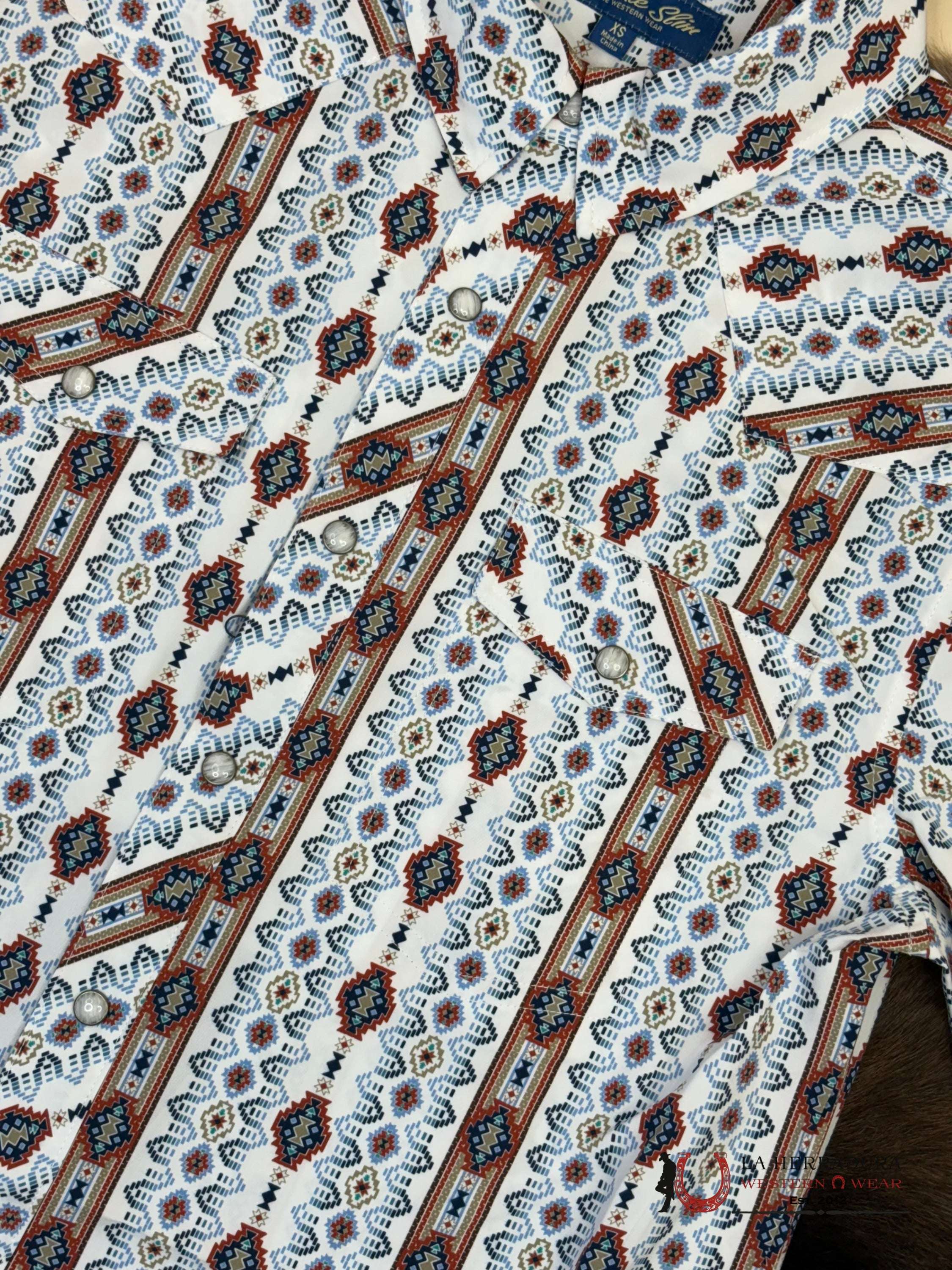 PANHANDLE WHITE WITH BLUE/MULTI PRINT AZTEC SHORT SLEEVE SHIRT MEN - 5715 ROPA HOMBRES