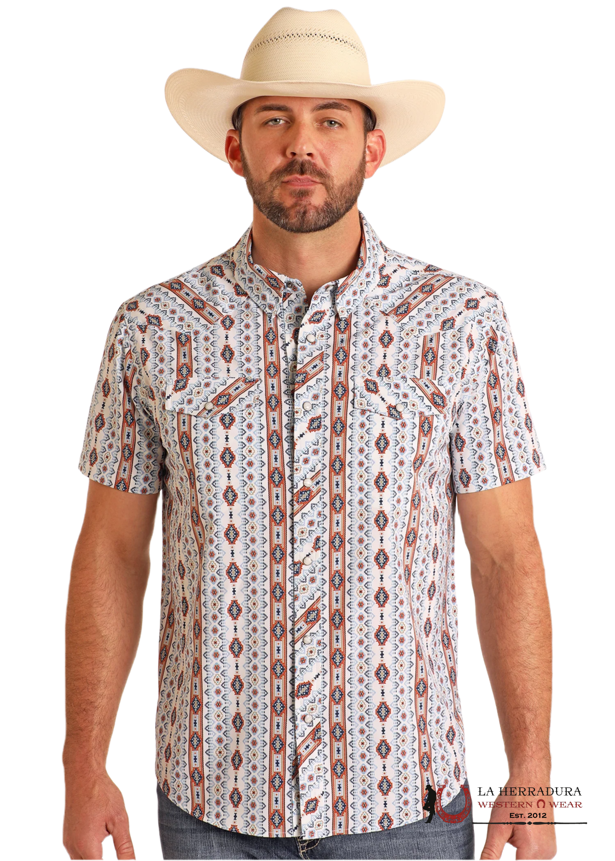 PANHANDLE WHITE WITH BLUE/MULTI PRINT AZTEC SHORT SLEEVE SHIRT MEN - 5715 ROPA HOMBRES