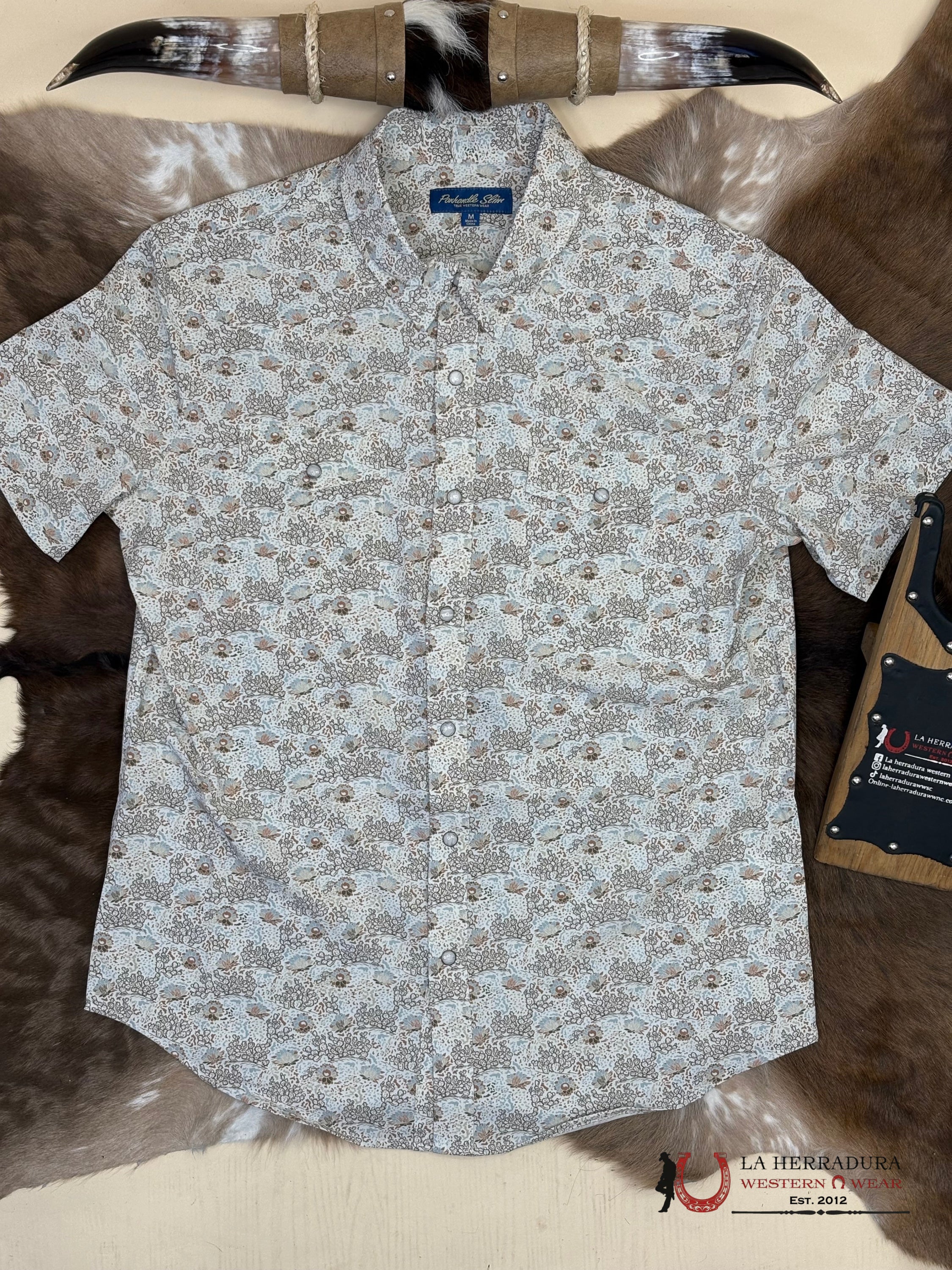 PANHANDLE WHITE WITH FLORAL BROWN PRINT SHORT SLEEVE SHIRT MEN - 5704 ROPA HOMBRES