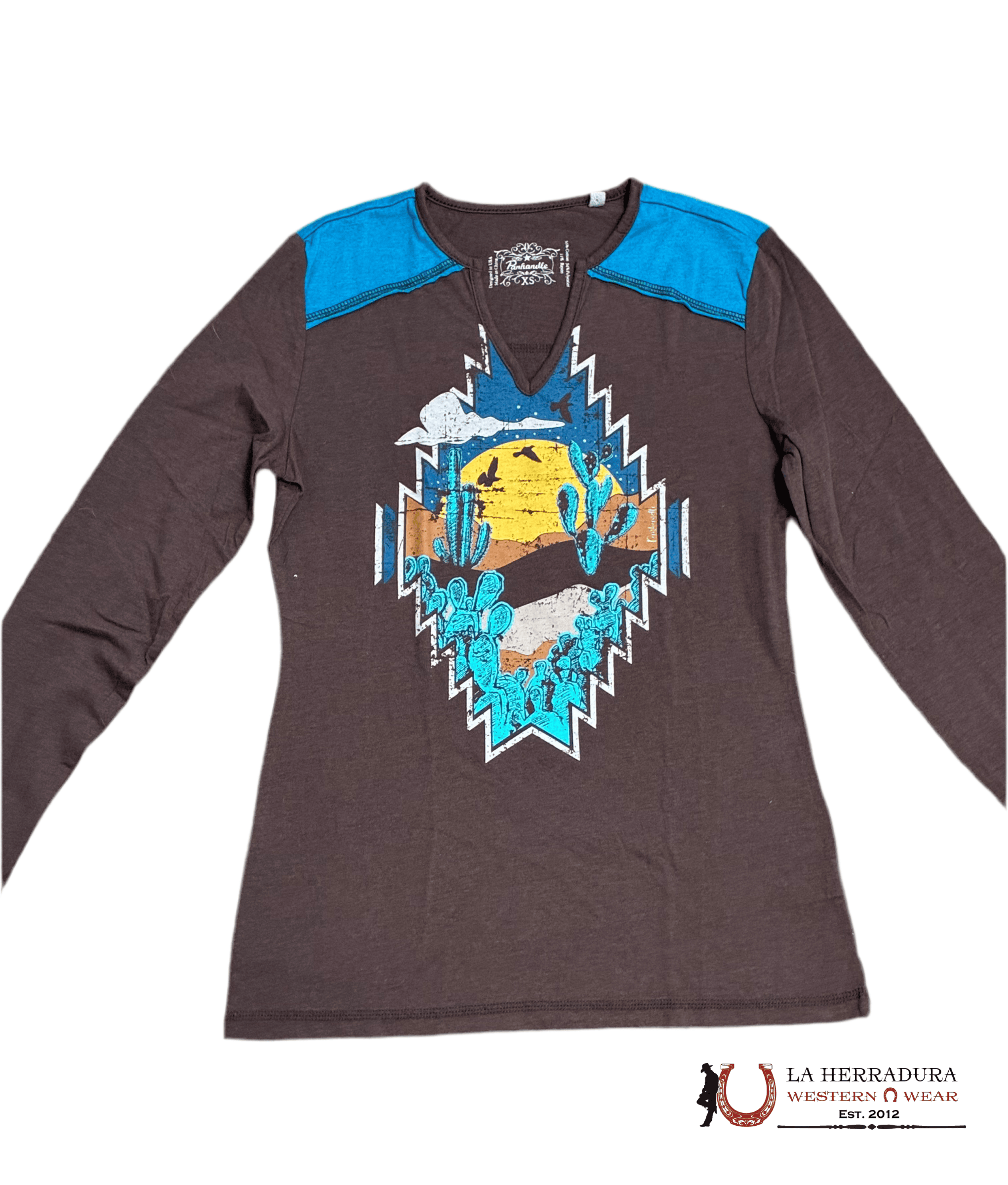 PANHANDLE WOMEN T -SHIRT LONG SLEEVE CHOCOLATE YOKEE GRAPHIC WLWT22R0HI ROPA MUJERES