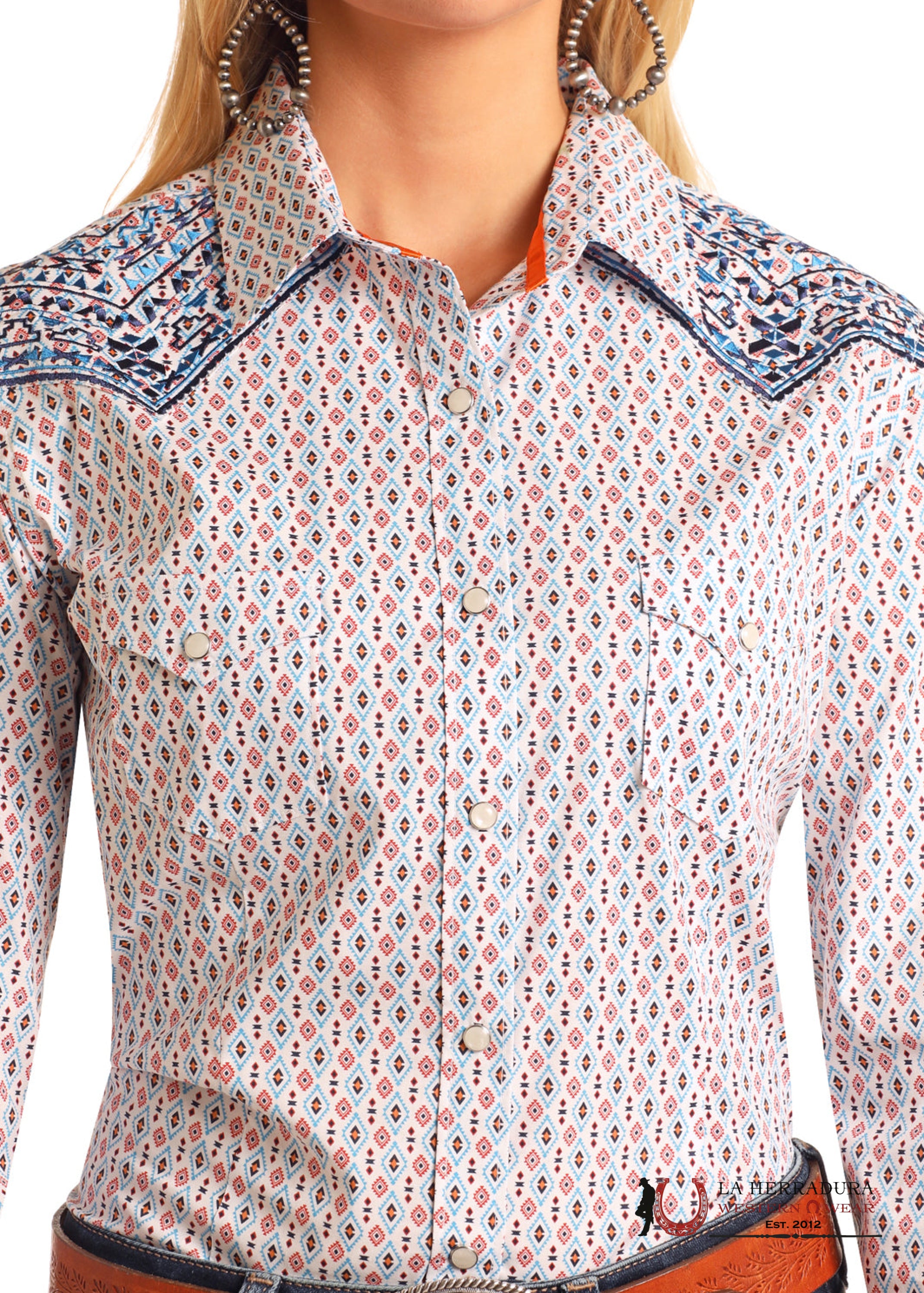 PANHANDLE WOMENS BLUE ARROW CHEST LONG SLEEVE SNAP SHIRT RWN2S05676 ROPA MUJERES