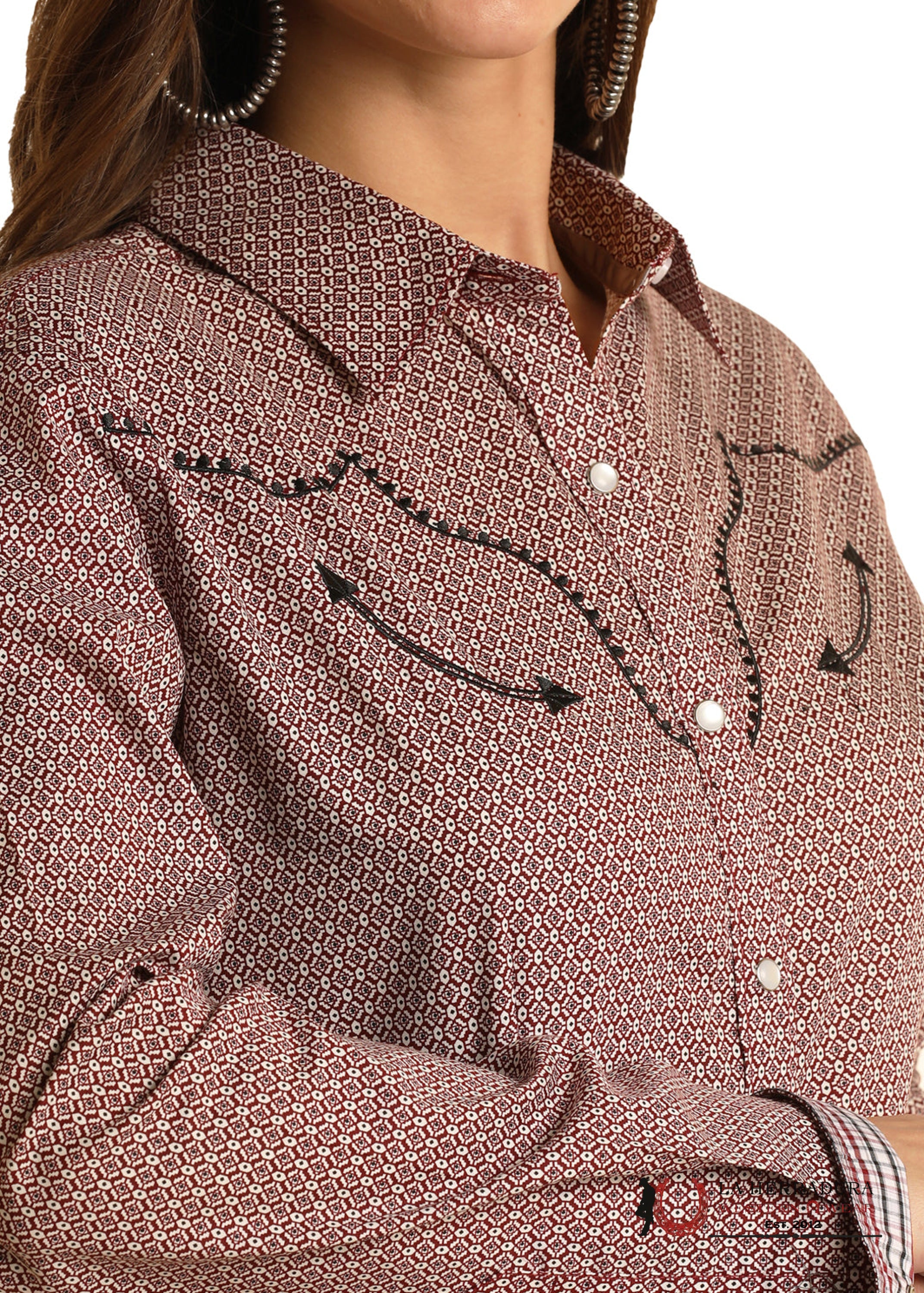 PANHANDLE WOMENS BURGUNDY ARROW CHEST LONG SLEEVE SNAP SHIRT RWN2S03184 ROPA MUJERES