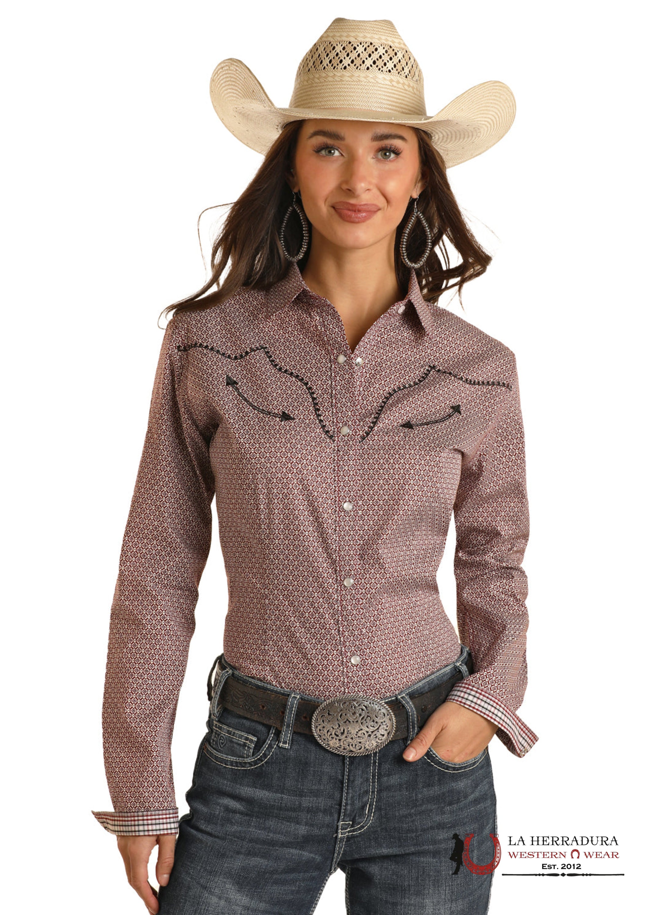 PANHANDLE WOMENS BURGUNDY ARROW CHEST LONG SLEEVE SNAP SHIRT RWN2S03184 ROPA MUJERES