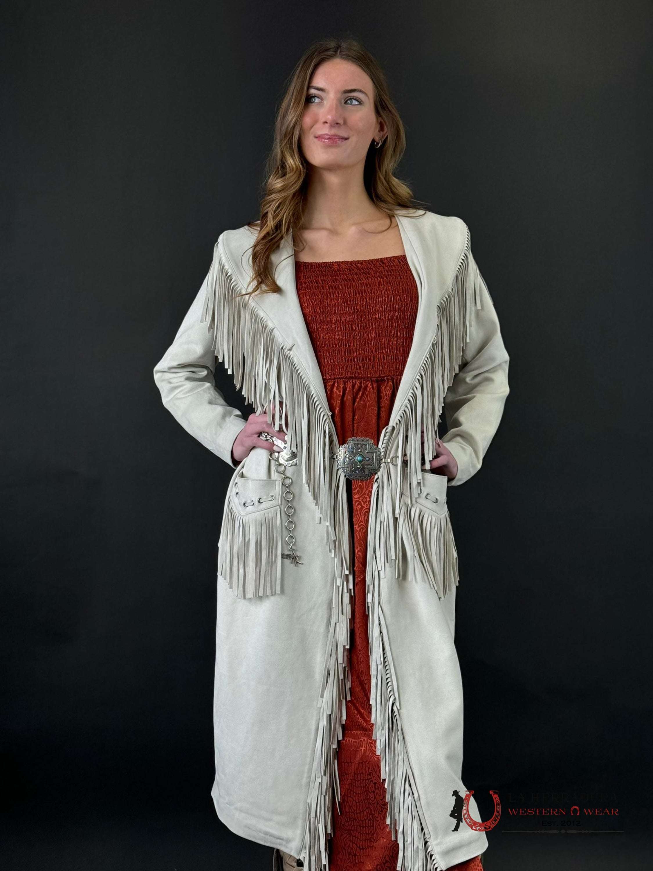 Panhandle X Powder River Outfitters Natural Long Suede Jacket With Fringe Ropa Mujeres
