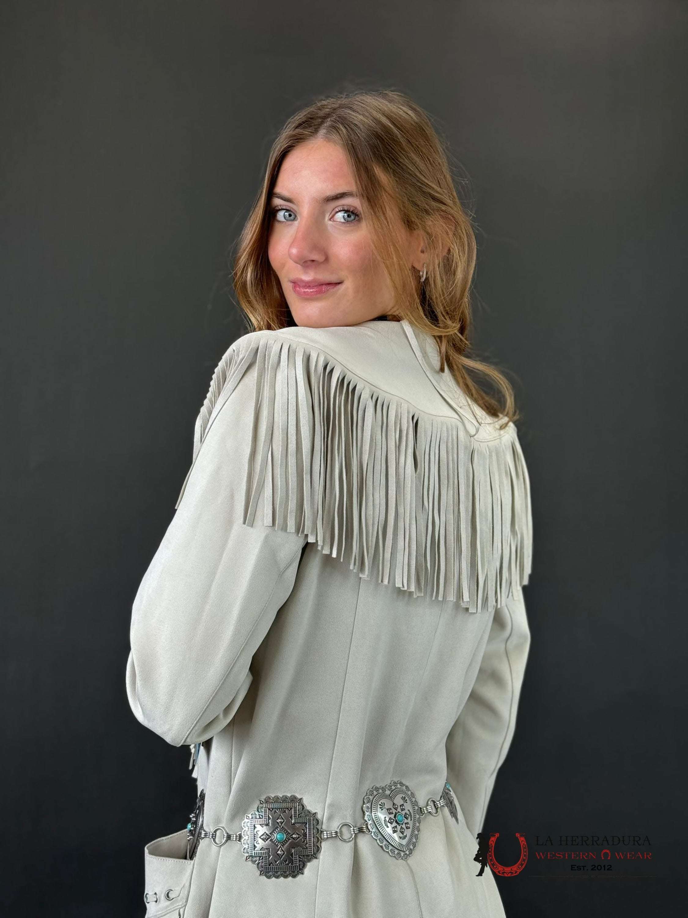 Panhandle X Powder River Outfitters Natural Long Suede Jacket With Fringe Ropa Mujeres