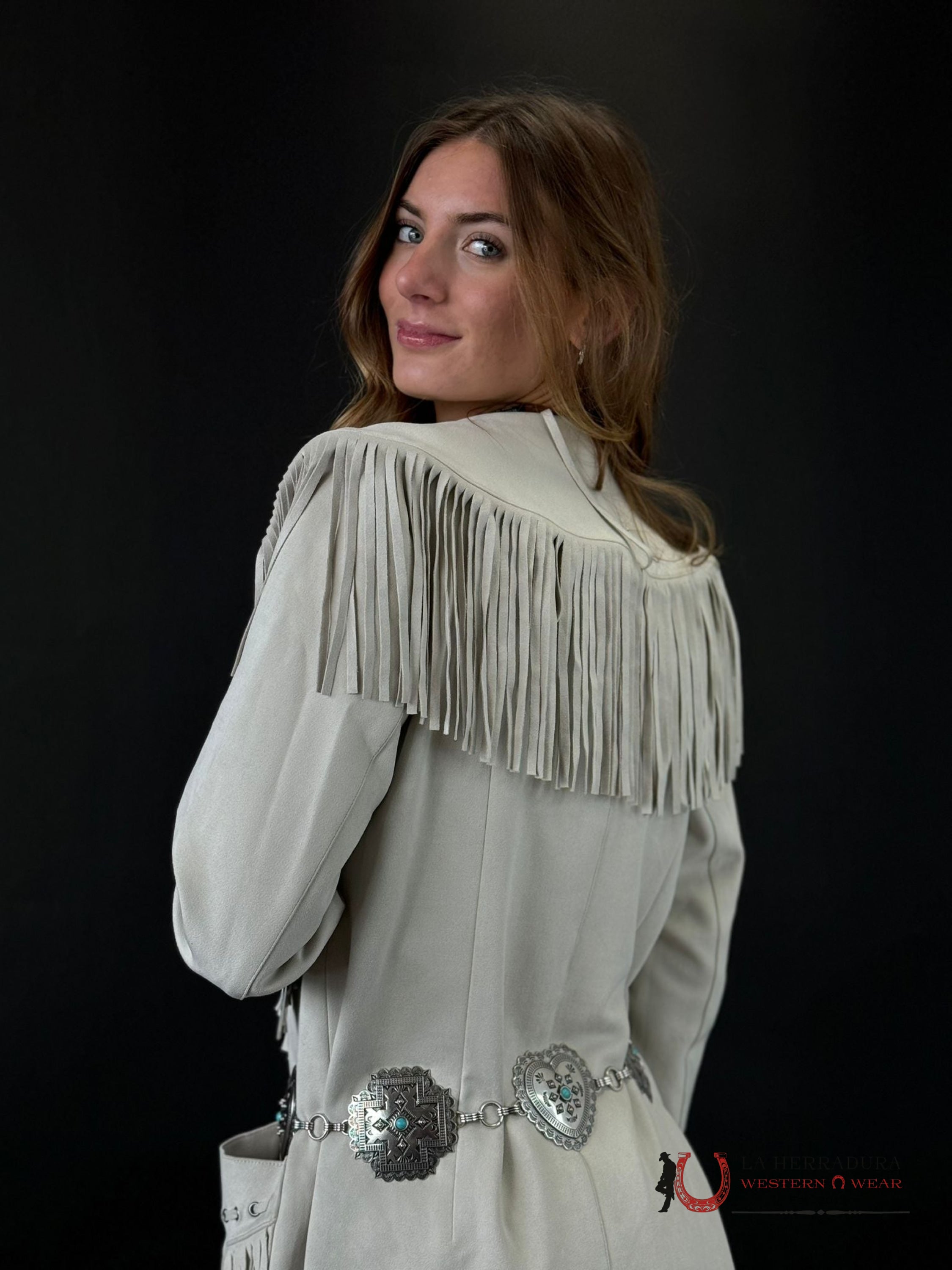 Panhandle X Powder River Outfitters Natural Long Suede Jacket With Fringe Ropa Mujeres