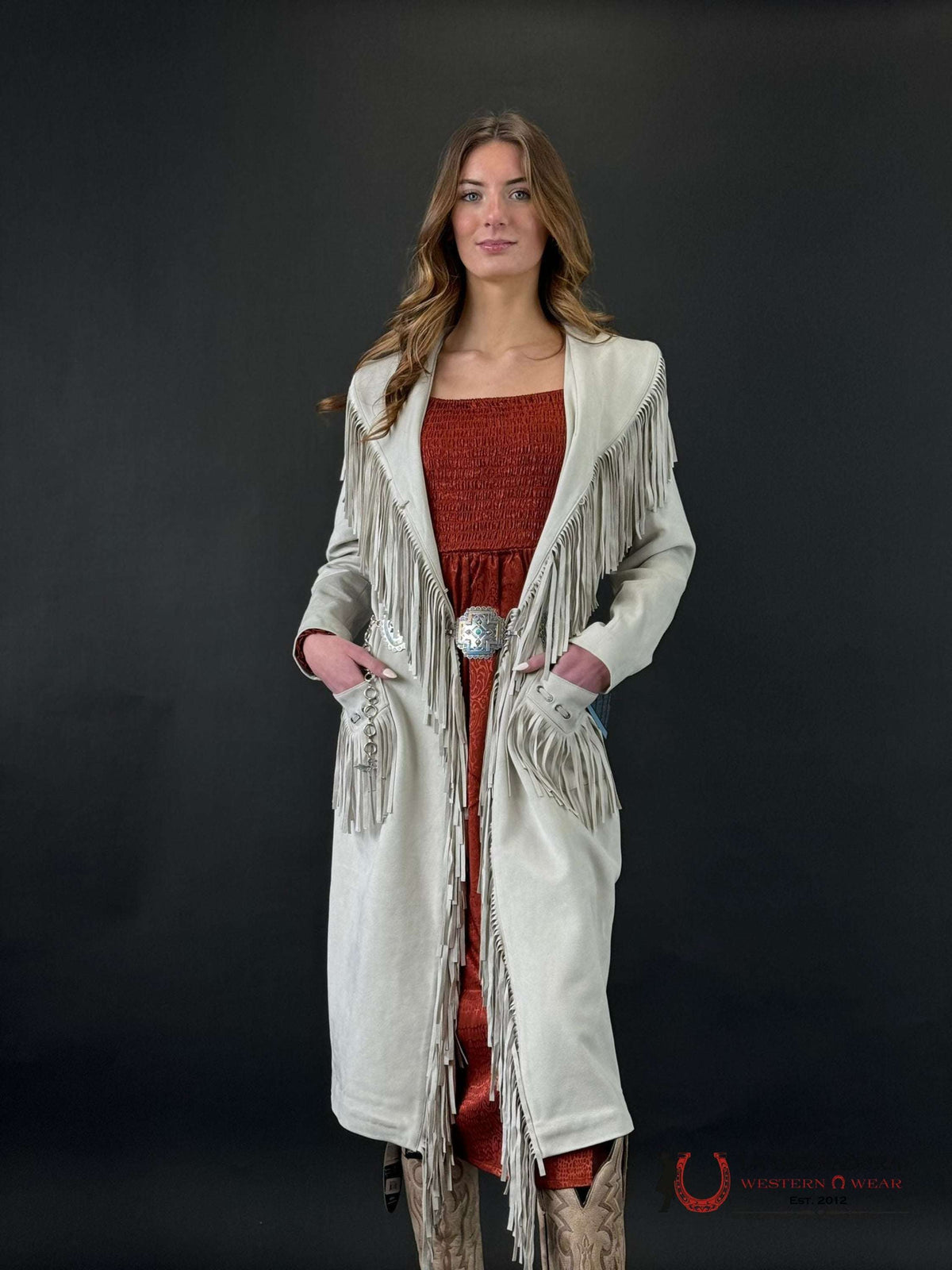 POWDER RIVER OUTFITTERS NATURAL LONG SUEDE JACKET WITH FRINGE DW92C019
