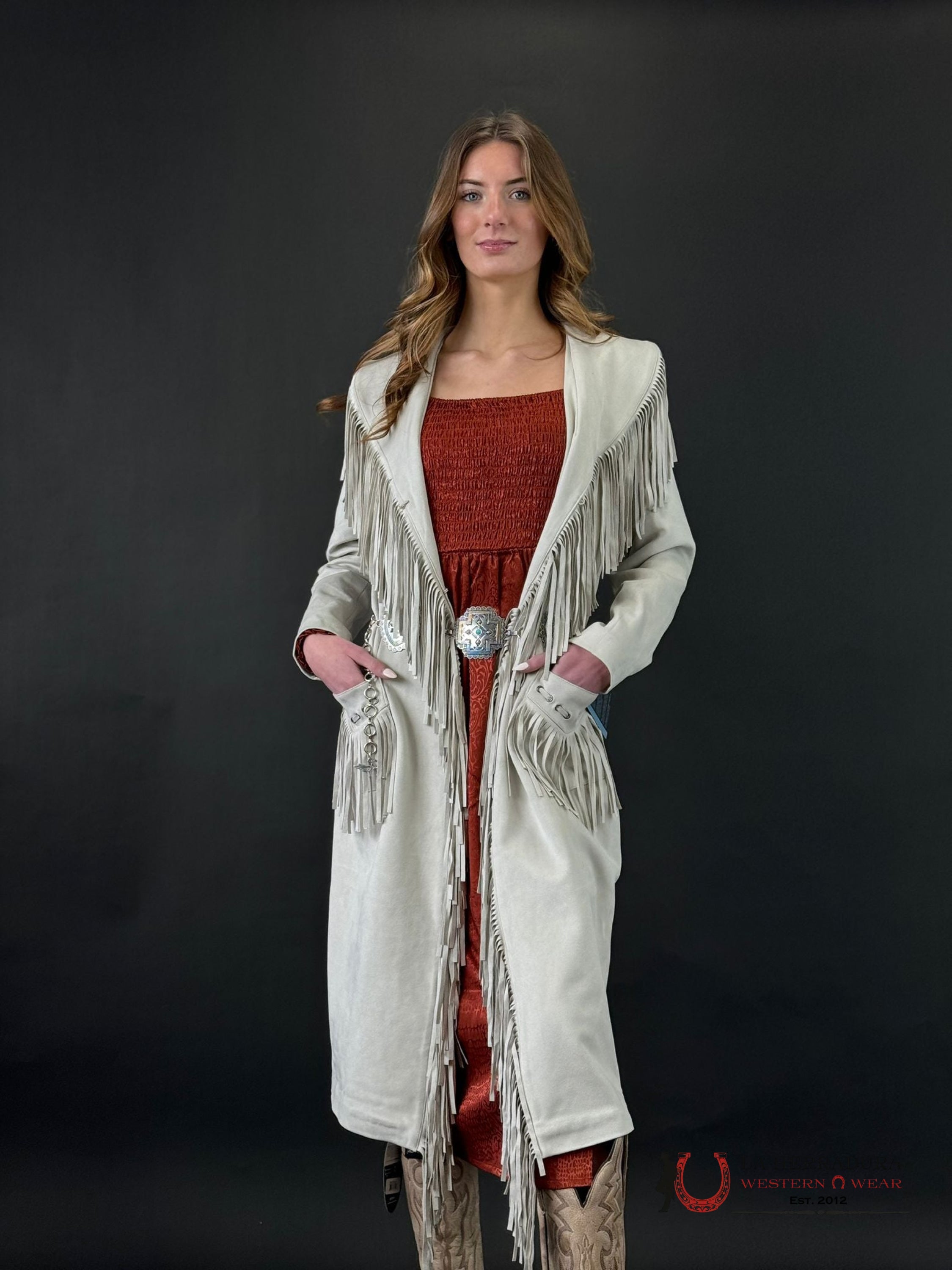 Panhandle X Powder River Outfitters Natural Long Suede Jacket With Fringe Ropa Mujeres