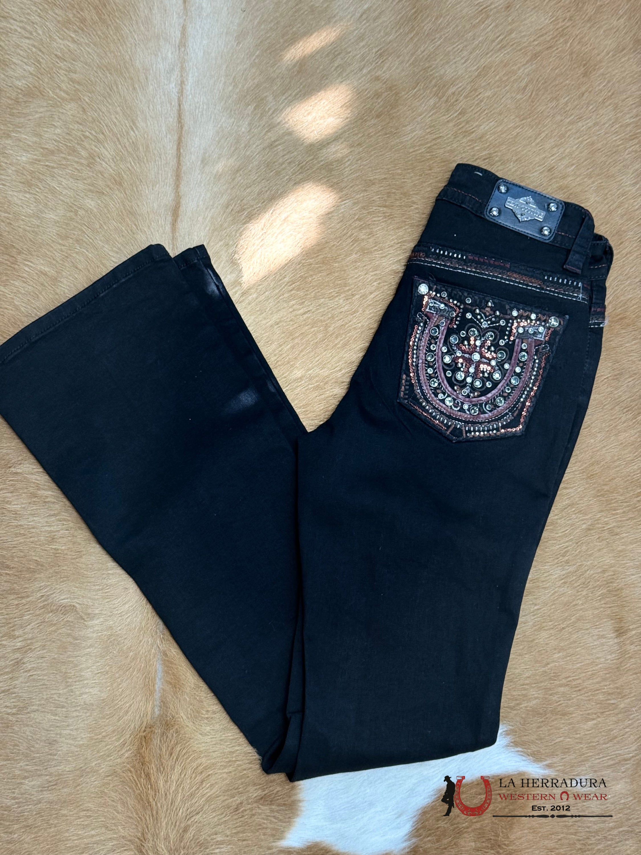 PAOLA SEXY COUTURE JEANS BOOT CUT BLACK & BURGUNDY STITCHING HORSE SHOSE EMBROIDERY S1430-PB ROPA MUJERES