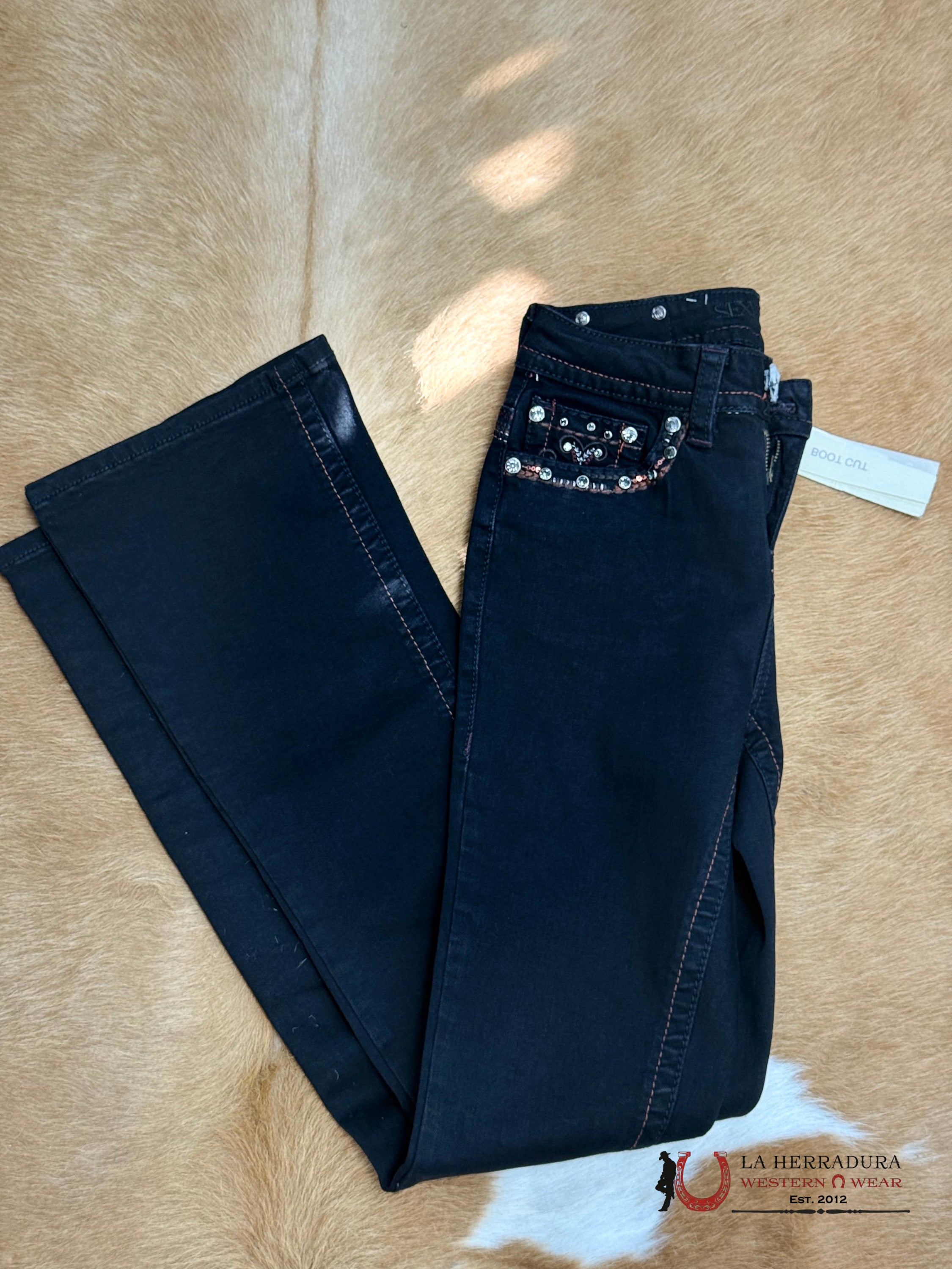 PAOLA SEXY COUTURE JEANS BOOT CUT BLACK & BURGUNDY STITCHING HORSE SHOSE EMBROIDERY S1430-PB ROPA MUJERES