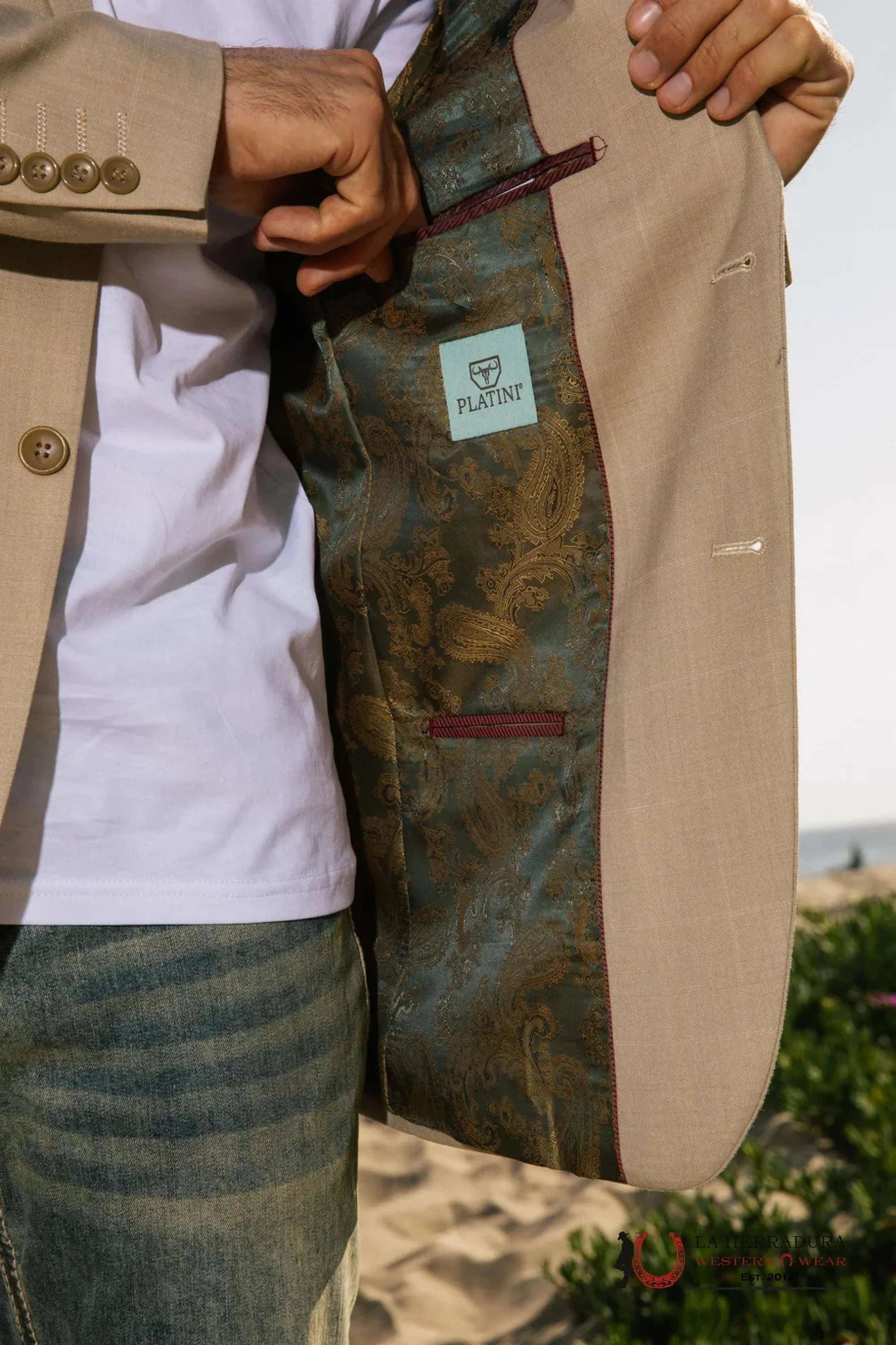 Beige Smooth Liso Tela Rancher Blazer- Blz10124 Ropa Hombres