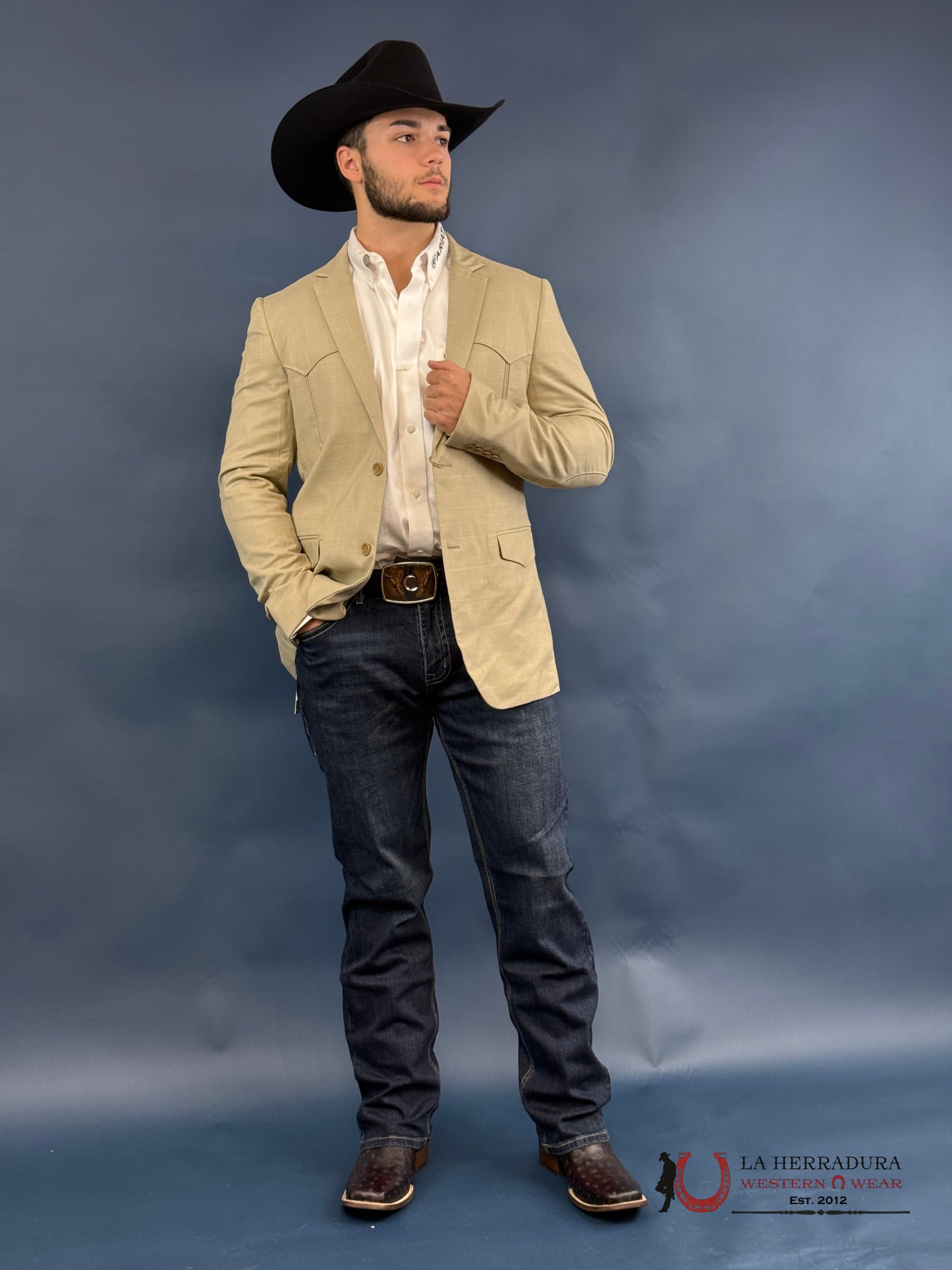 Beige Smooth Liso Tela Rancher Blazer- Blz10124 Ropa Hombres