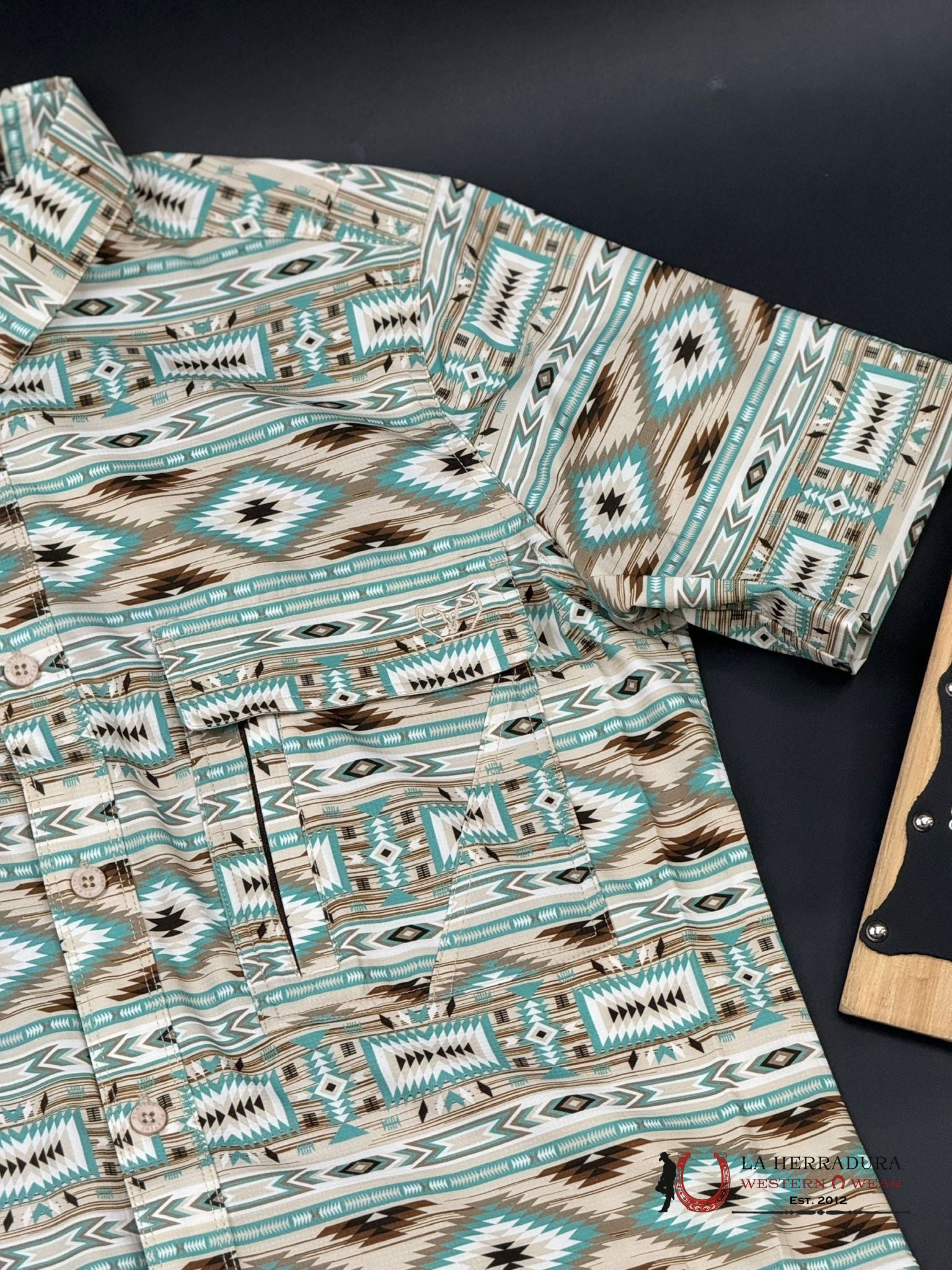 Platini Beige Teal Aztec Short Sleeve Shirt Ropa Hombres