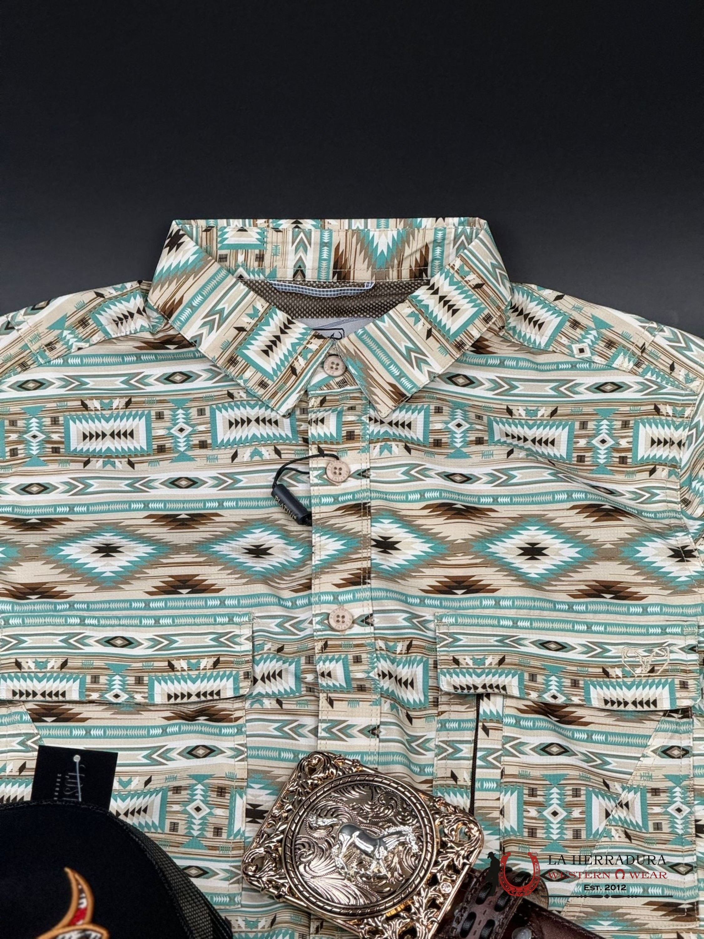 Platini Beige Teal Aztec Short Sleeve Shirt Ropa Hombres