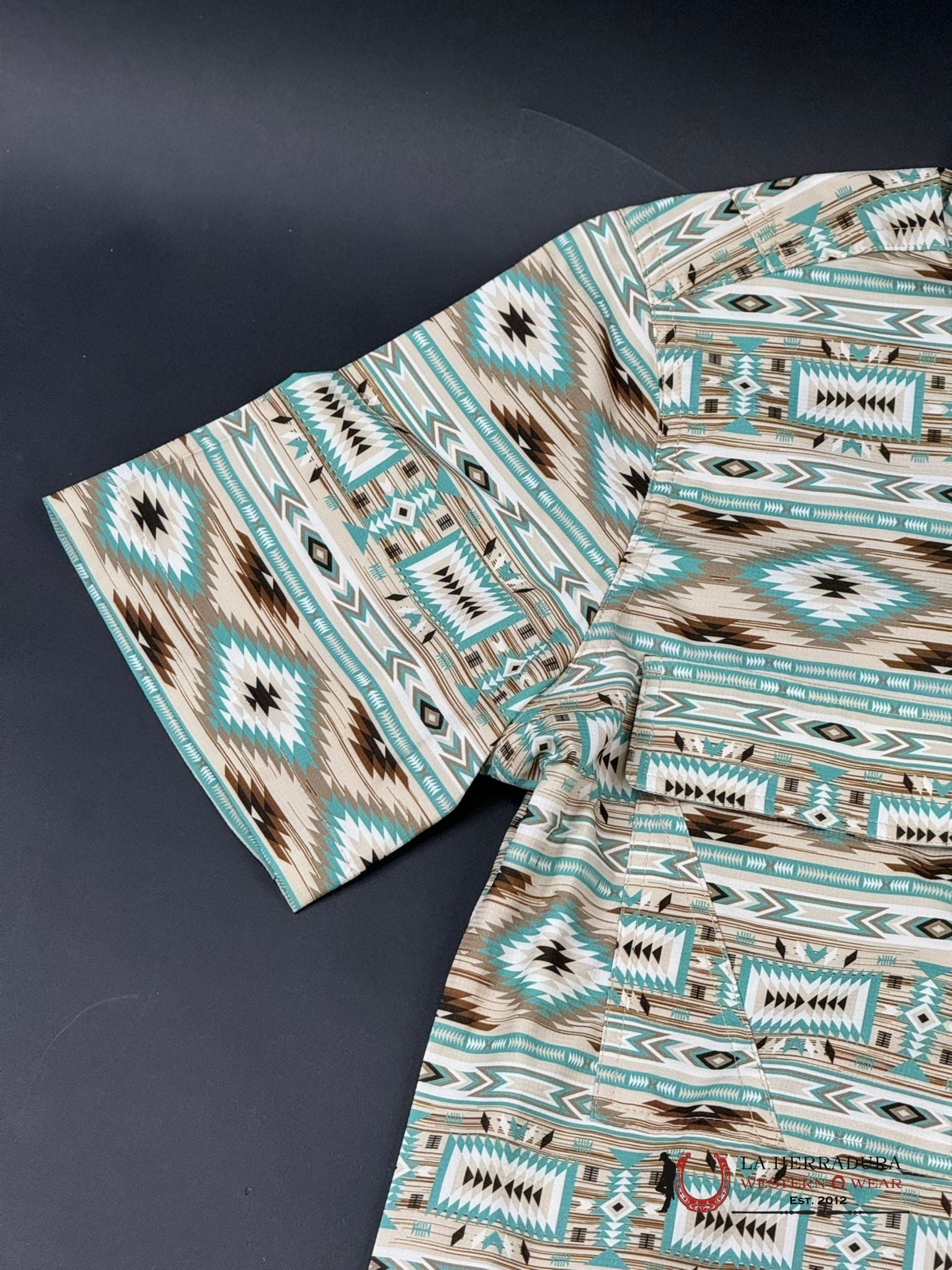 Platini Beige Teal Aztec Short Sleeve Shirt Ropa Hombres