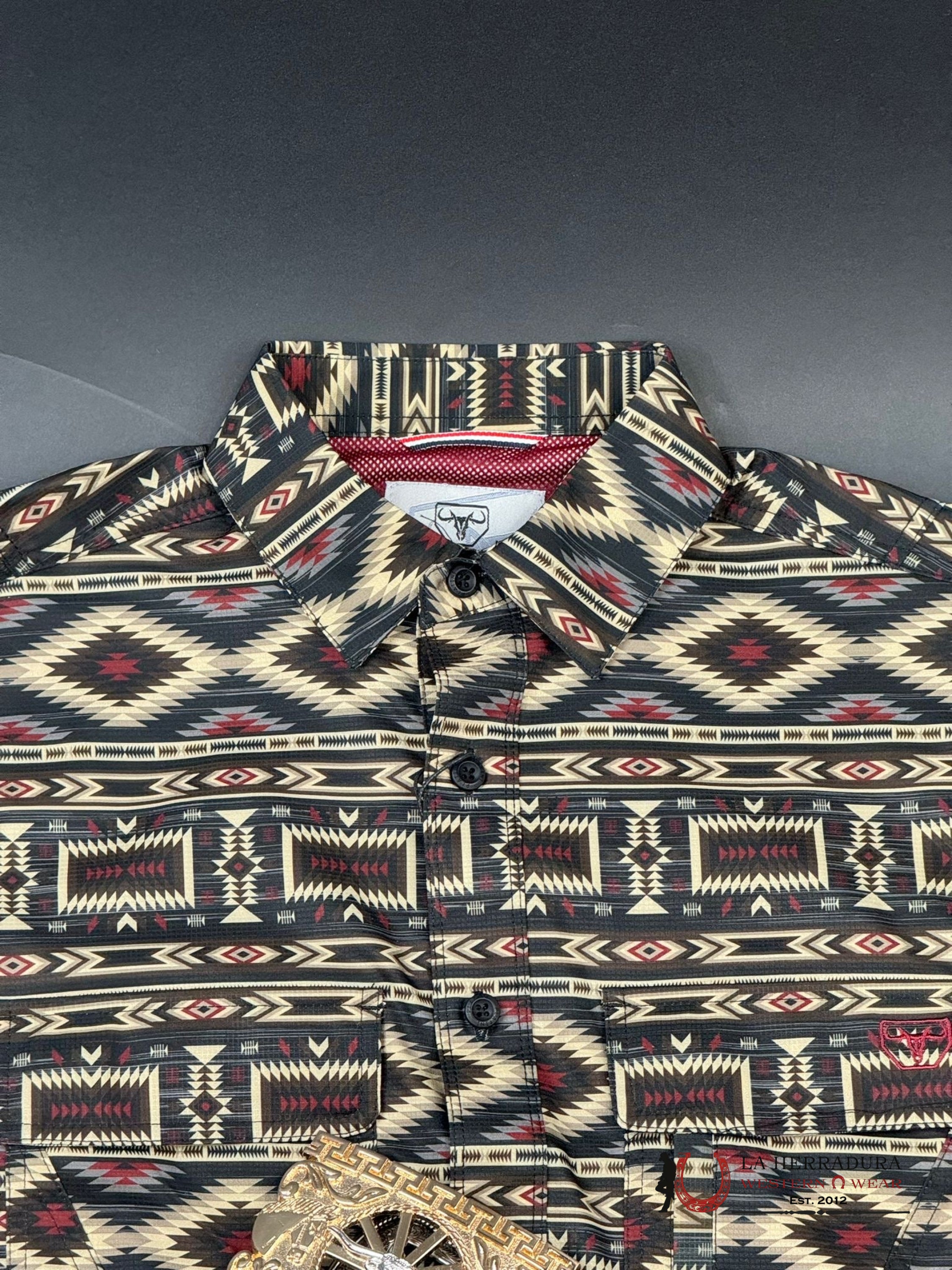 Platini Black Maroon Aztec Short Sleeve Shirt Ropa Hombres
