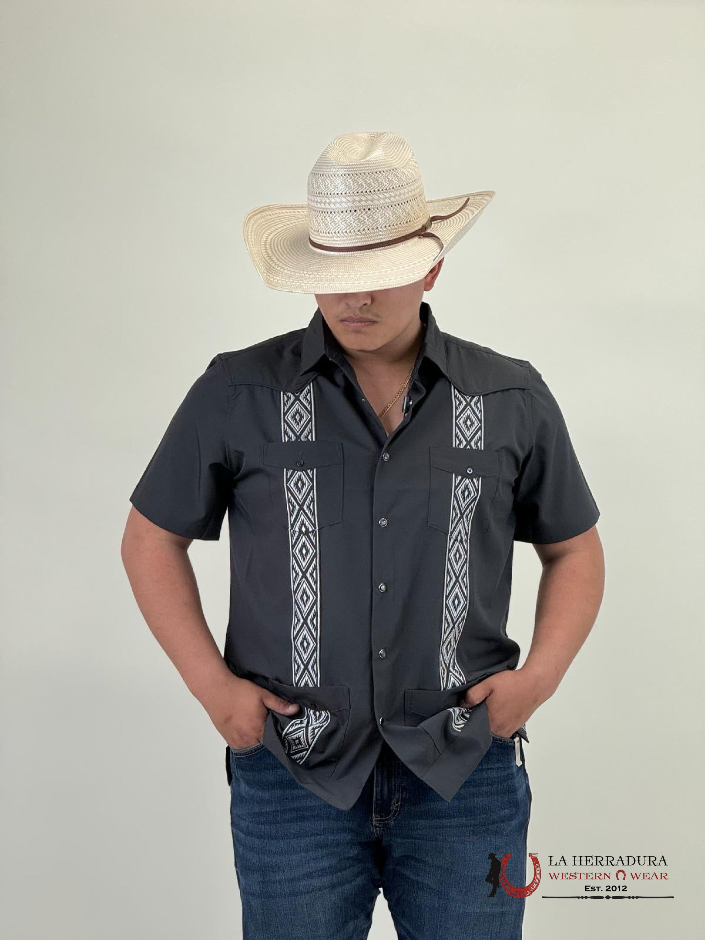 Platini Charcoal Guayabera Snap Short Sleeve Shirt Ropa Hombres