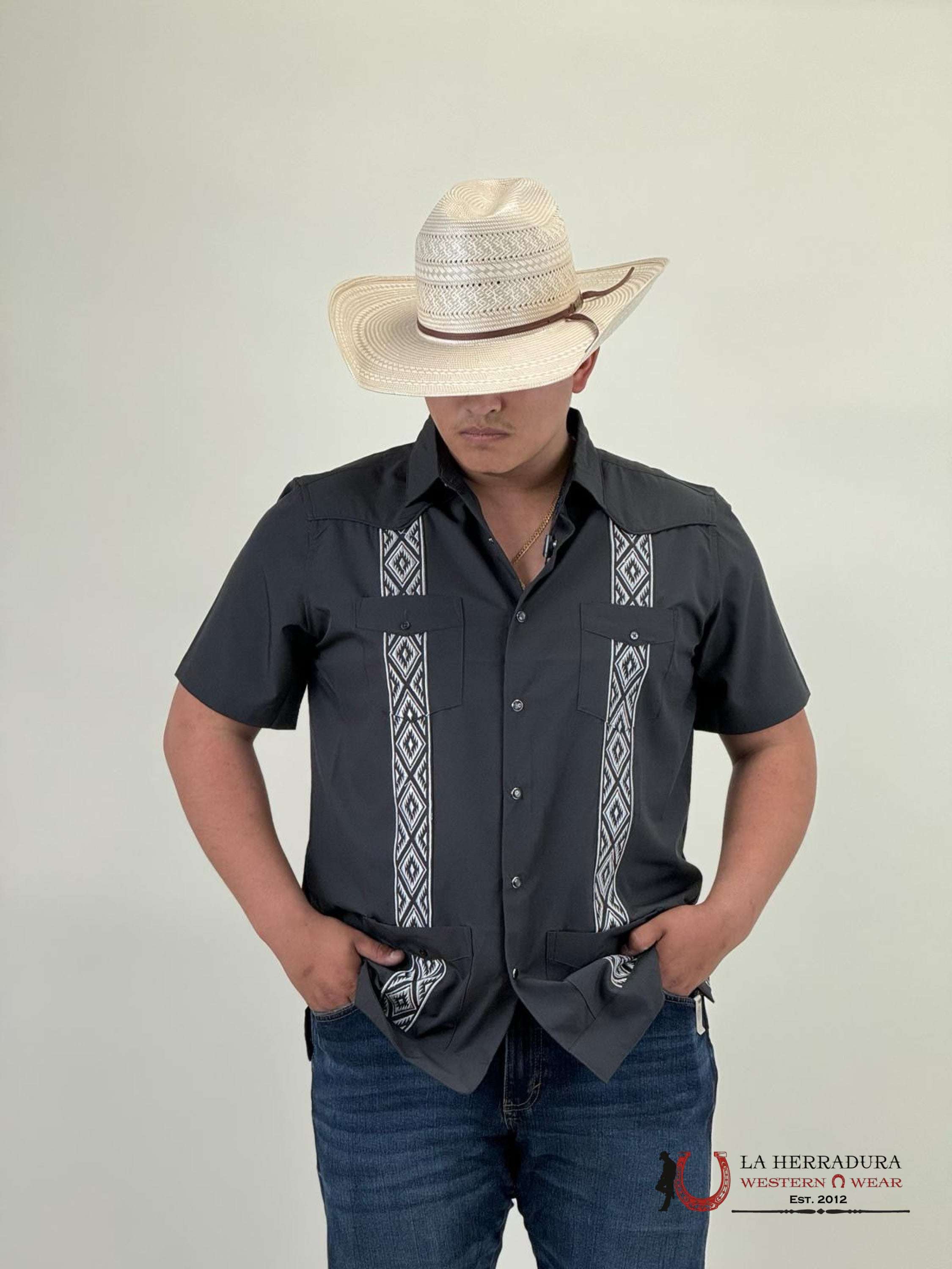 Platini Charcoal Guayabera Snap Short Sleeve Shirt Ropa Hombres