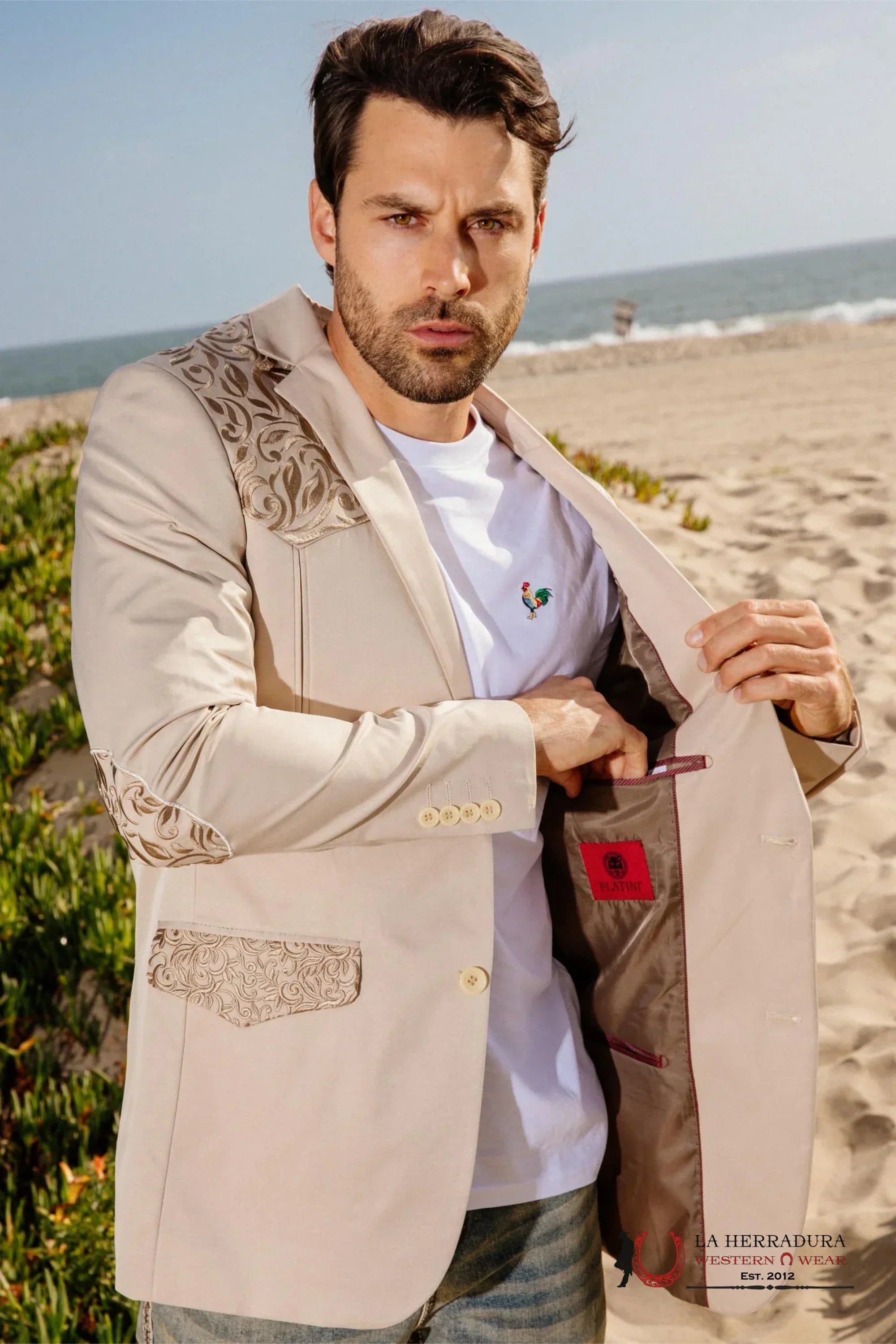 MENS BLAZER EMEMBROIDE BEIGE EBZ10139 BORDADO ROPA HOMBRES