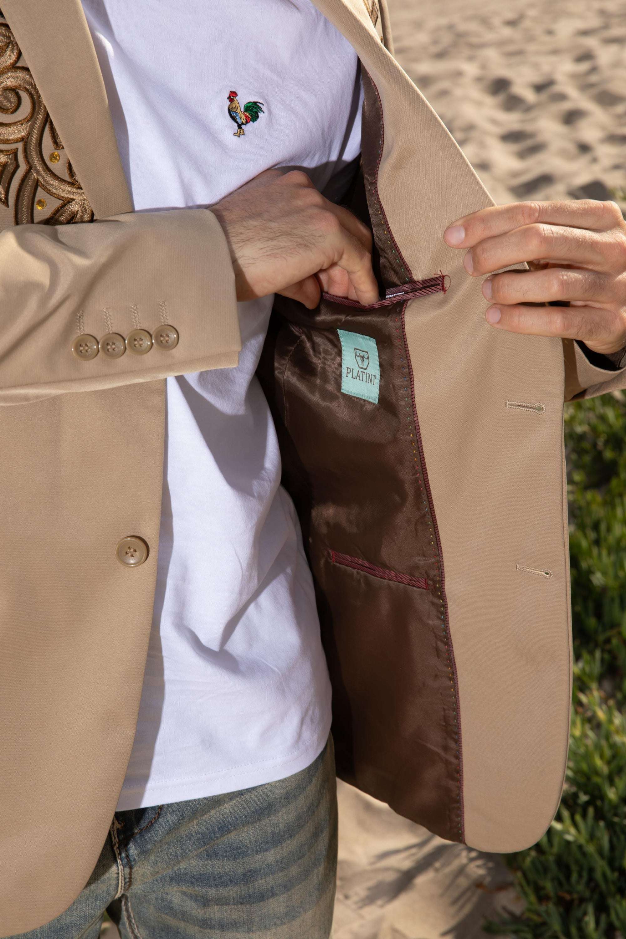 PLATINI BROW EMBROIDERY FASHION KHAKI BLAZER - EBZ10135 ROPA HOMBRES