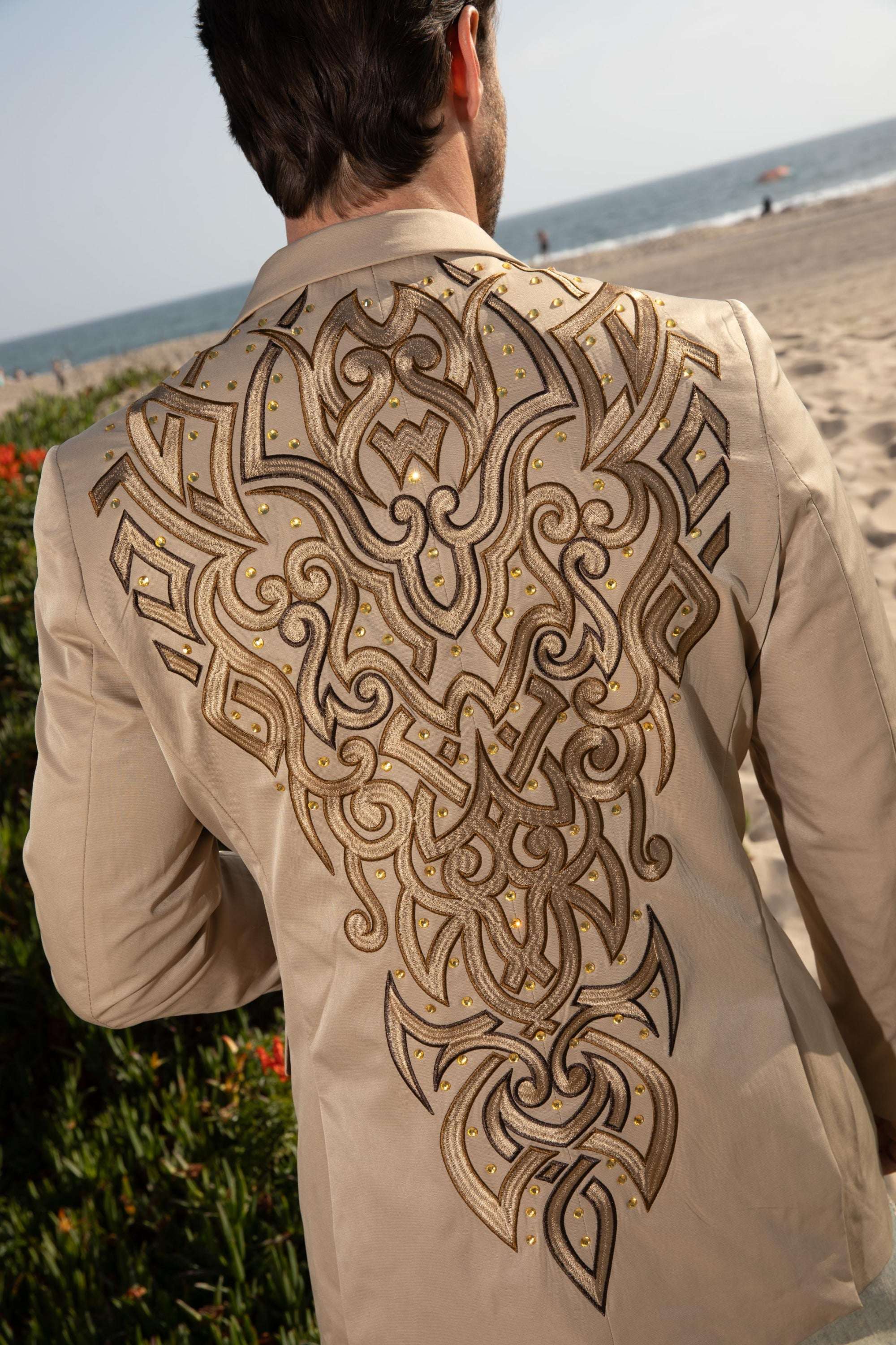 PLATINI BROW EMBROIDERY FASHION KHAKI BLAZER - EBZ10135 ROPA HOMBRES