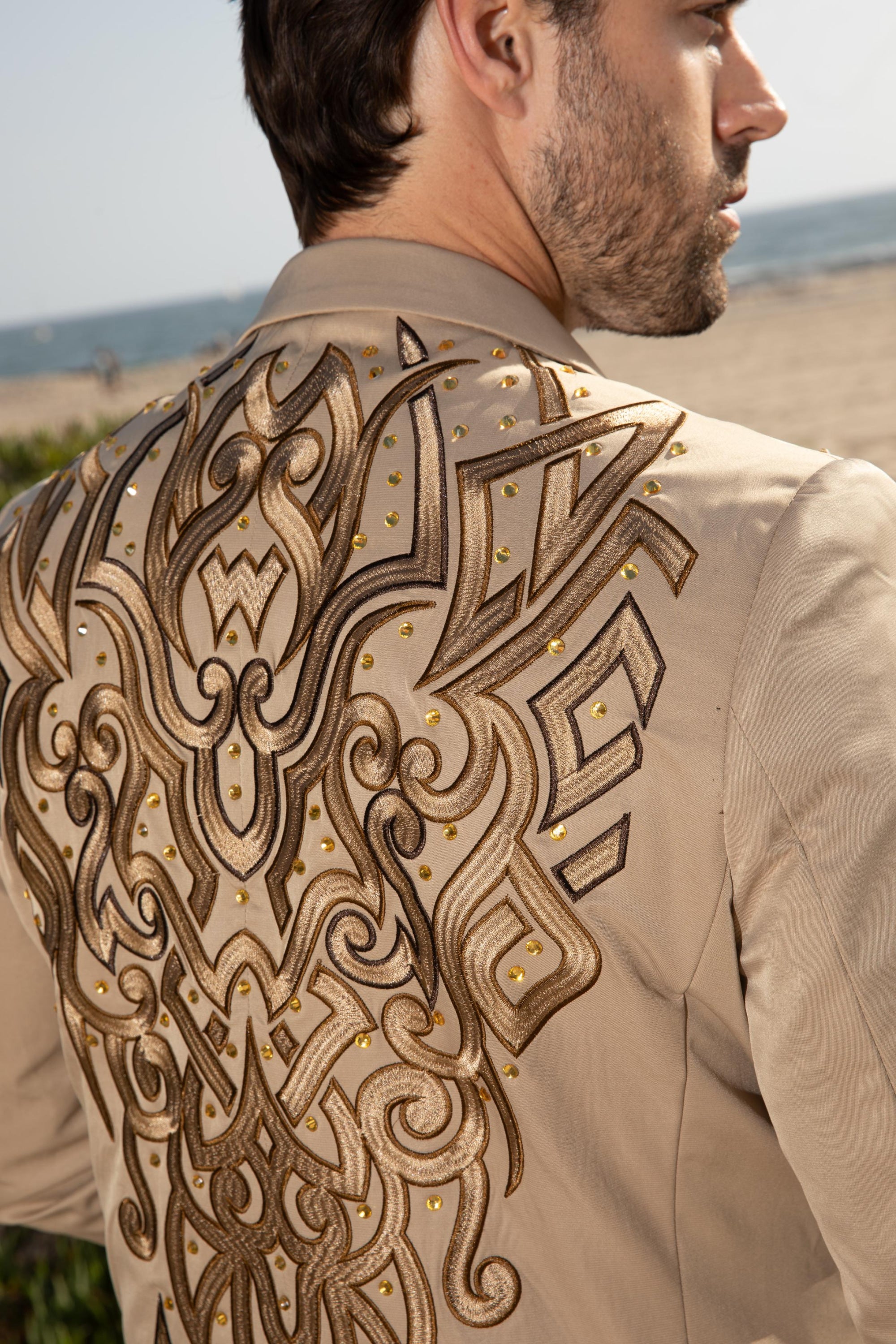 PLATINI BROW EMBROIDERY FASHION KHAKI BLAZER - EBZ10135 ROPA HOMBRES